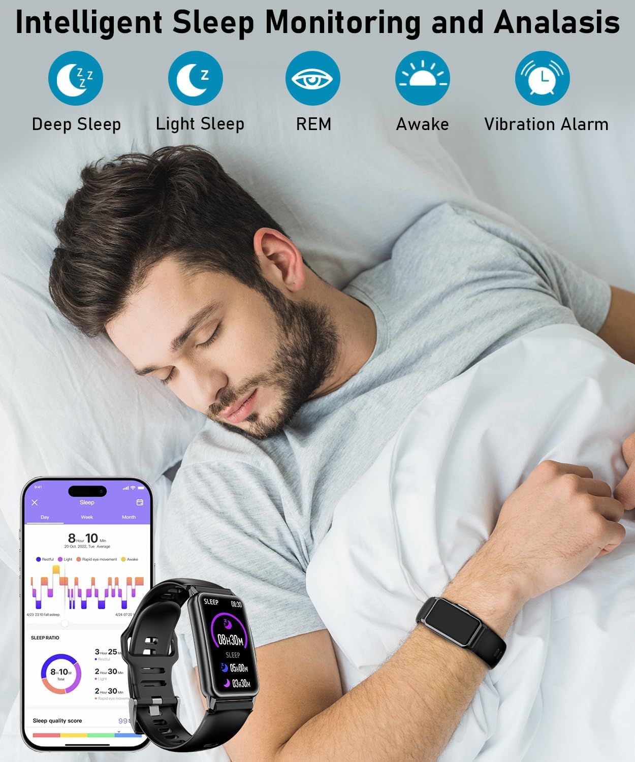 Communicates the comprehensive sleep monitoring capabilities of the smartwatch, including tracking multiple sleep stages (Deep Sleep, Light Sleep, REM, Awake)…