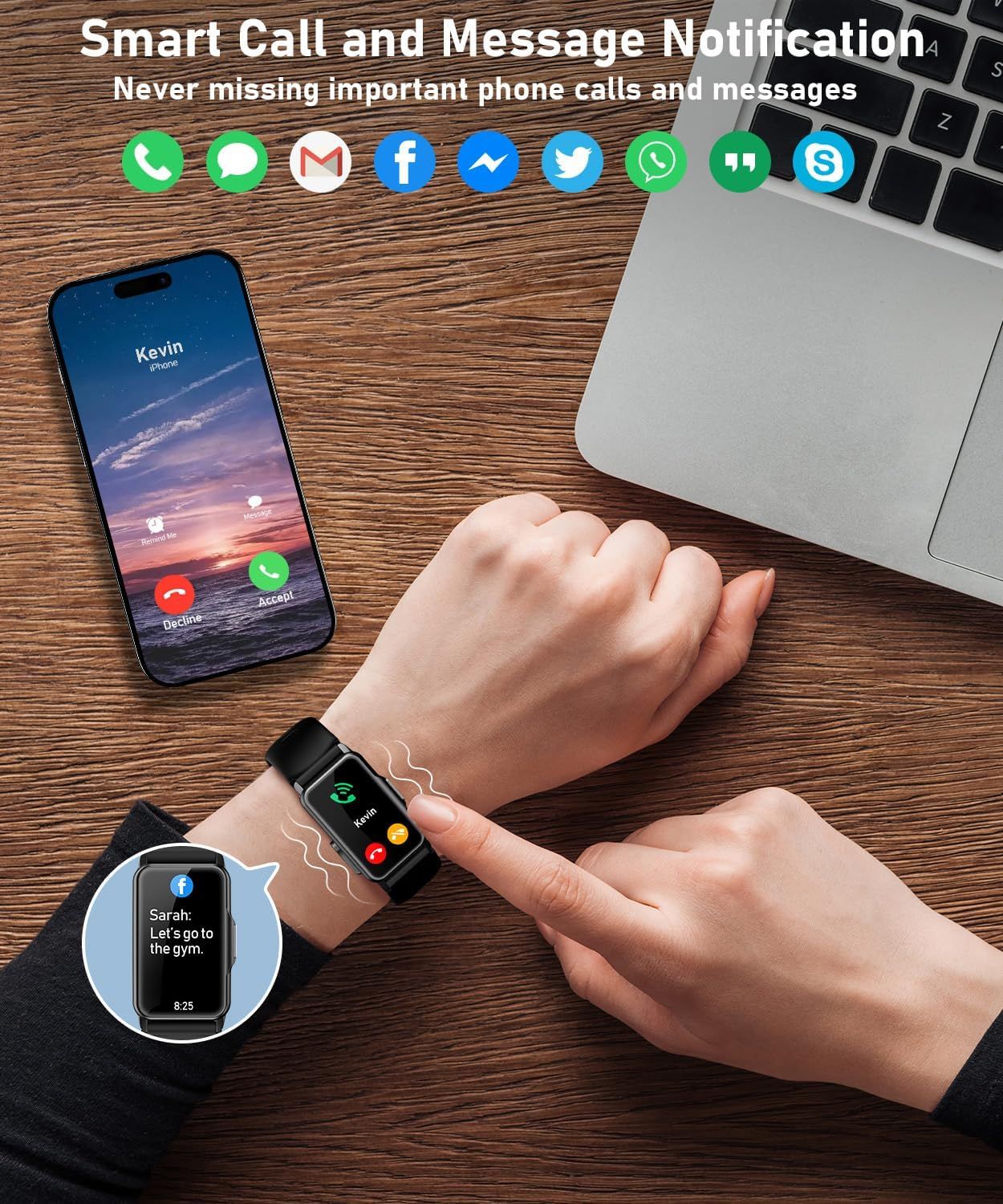 Communicates that the smartwatch can receive and display phone calls and messages from multiple apps, ensuring users never miss important communications while…