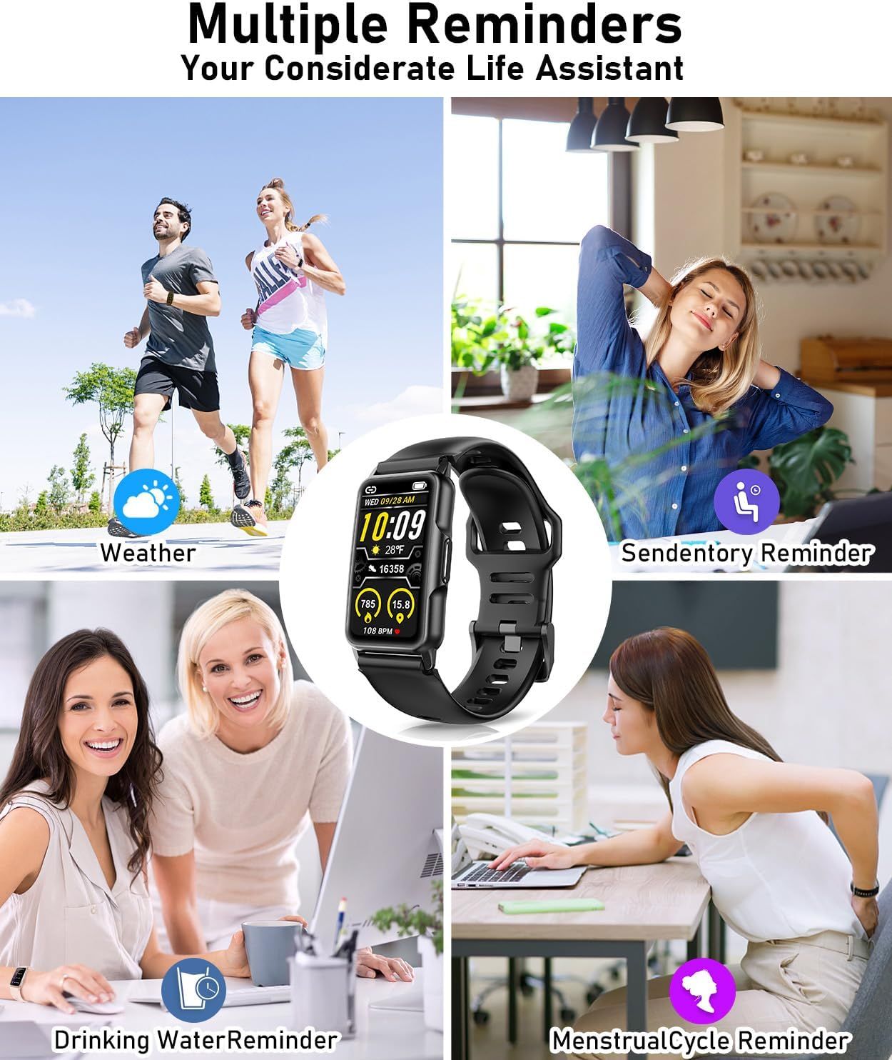 Showcases multiple smart reminder features of the fitness watch to demonstrate its versatility as a life assistant that helps users stay healthy, active, and…