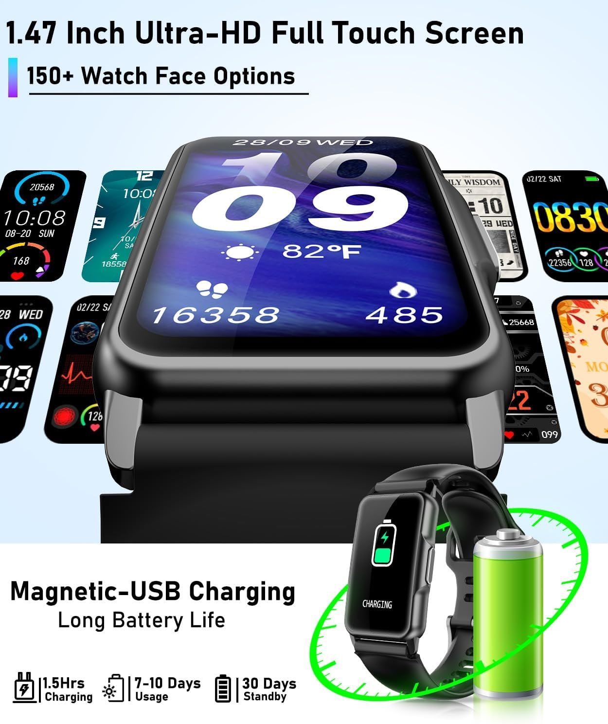 Communicates multiple key selling benefits of the smartwatch including display quality, customization options, and battery performance to demonstrate the…