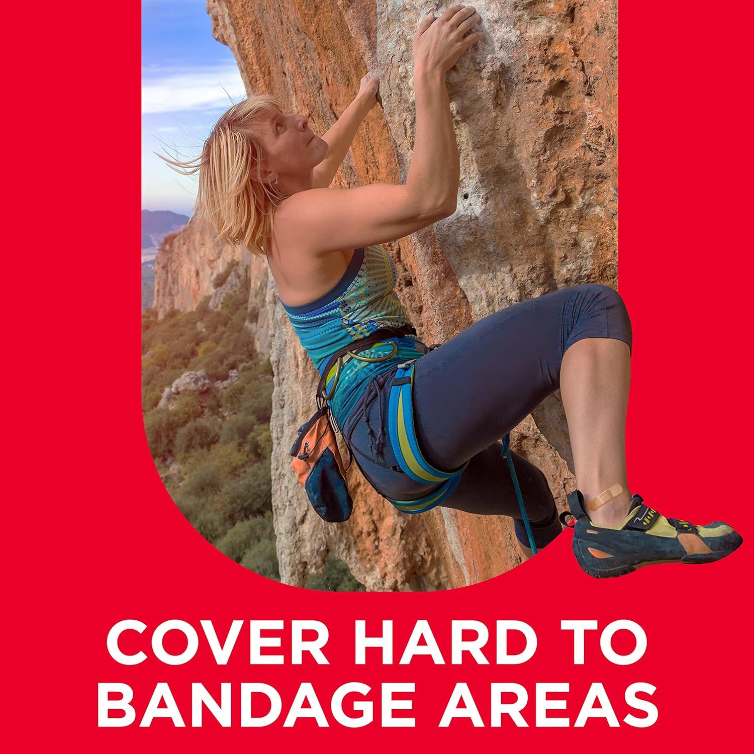 Demonstrates the product's ability to effectively cover difficult-to-bandage areas like joints and curved body parts, as shown through an active outdoor use…