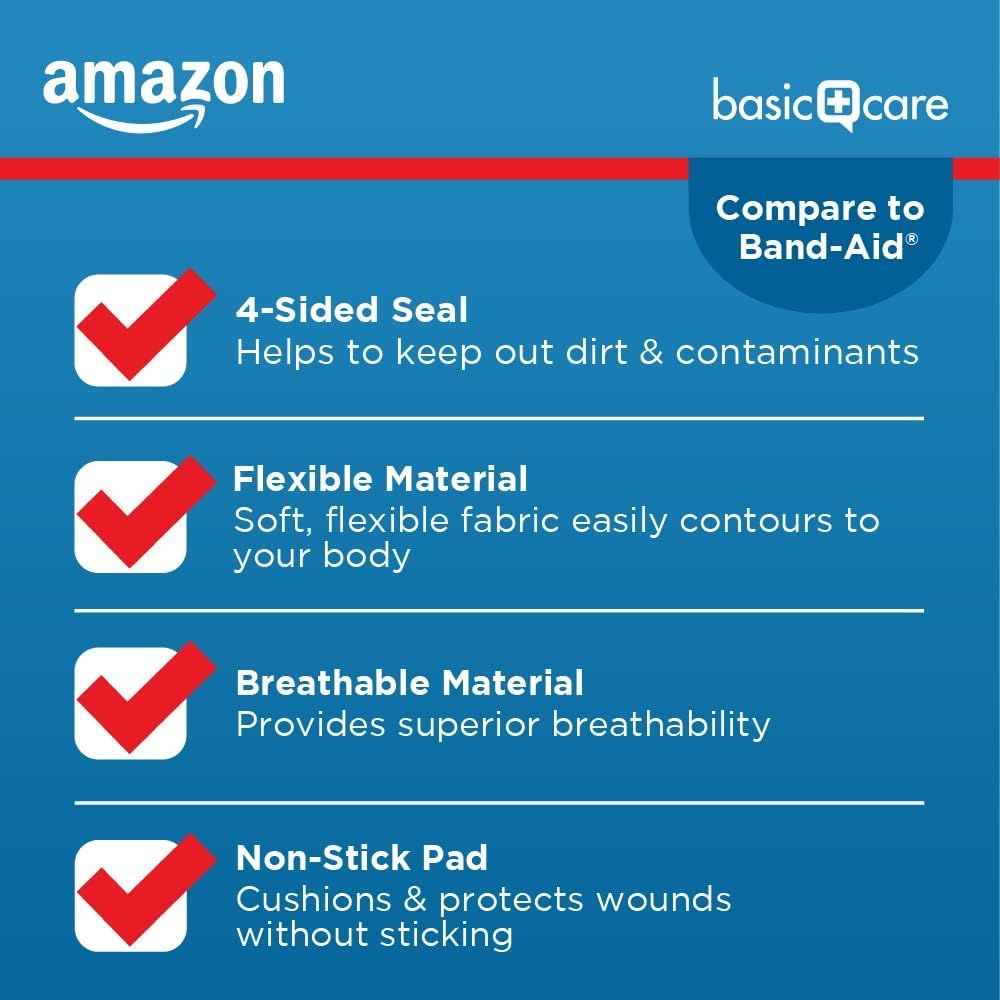 Communicates multiple key benefits of the Amazon Basics bandages compared to Band-Aid, highlighting four distinct features to demonstrate product superiority and value. Positions the Amazon Basics…