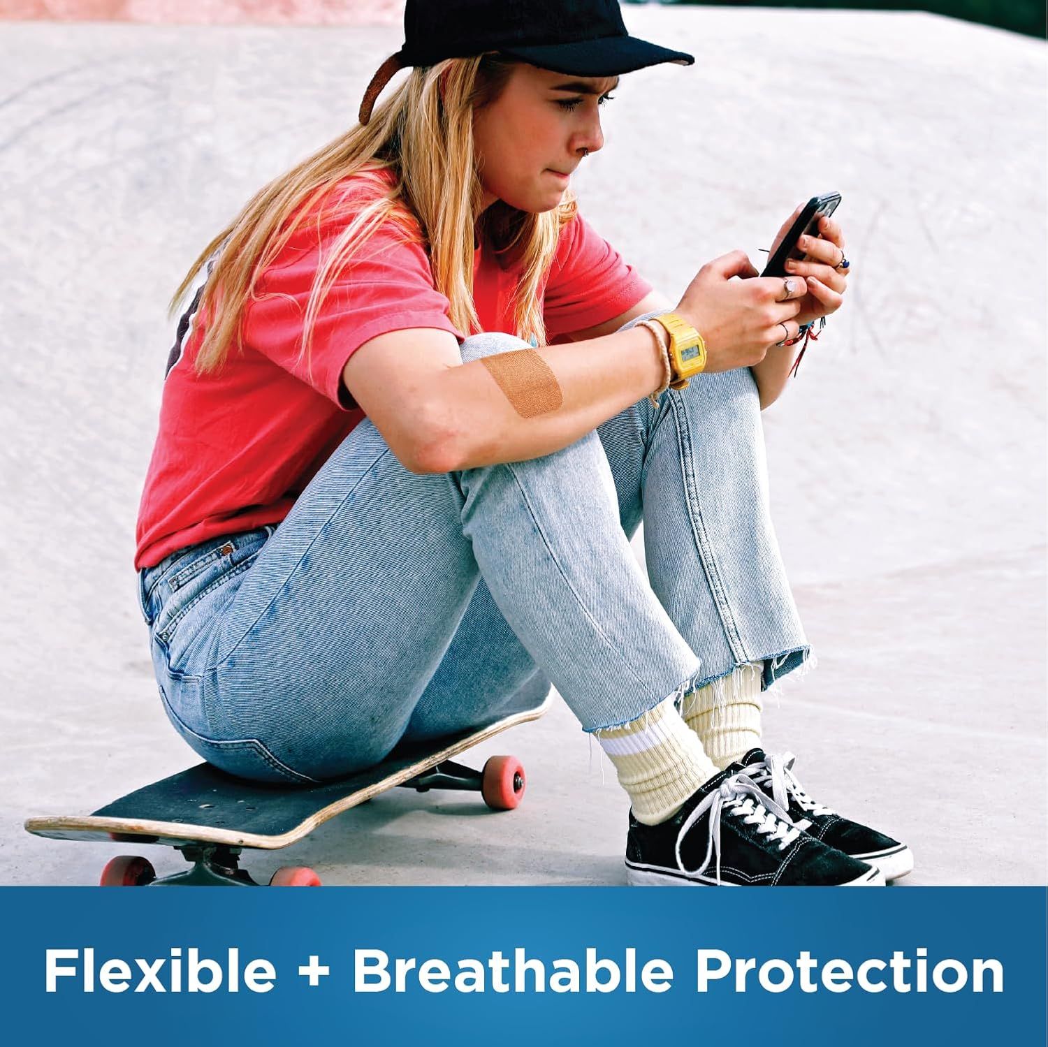 Communicates that the product (likely a bandage or protective patch visible on the person's arm) offers comfortable, flexible protection that allows breathability during active use.