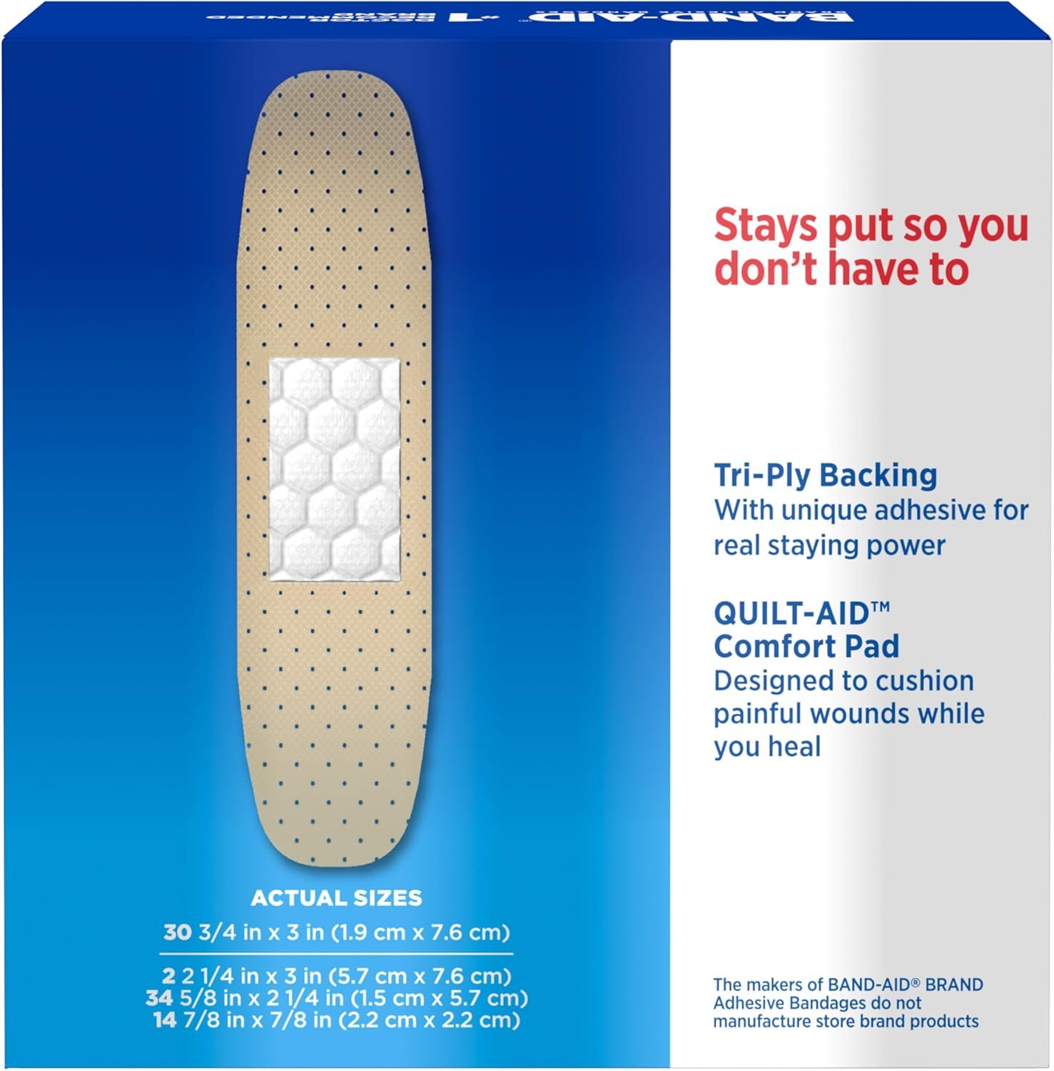 Breaks down the physical construction of the bandage by highlighting its tri-ply adhesive backing and comfort pad, showing shoppers what makes the product stay in place and cushion wounds…