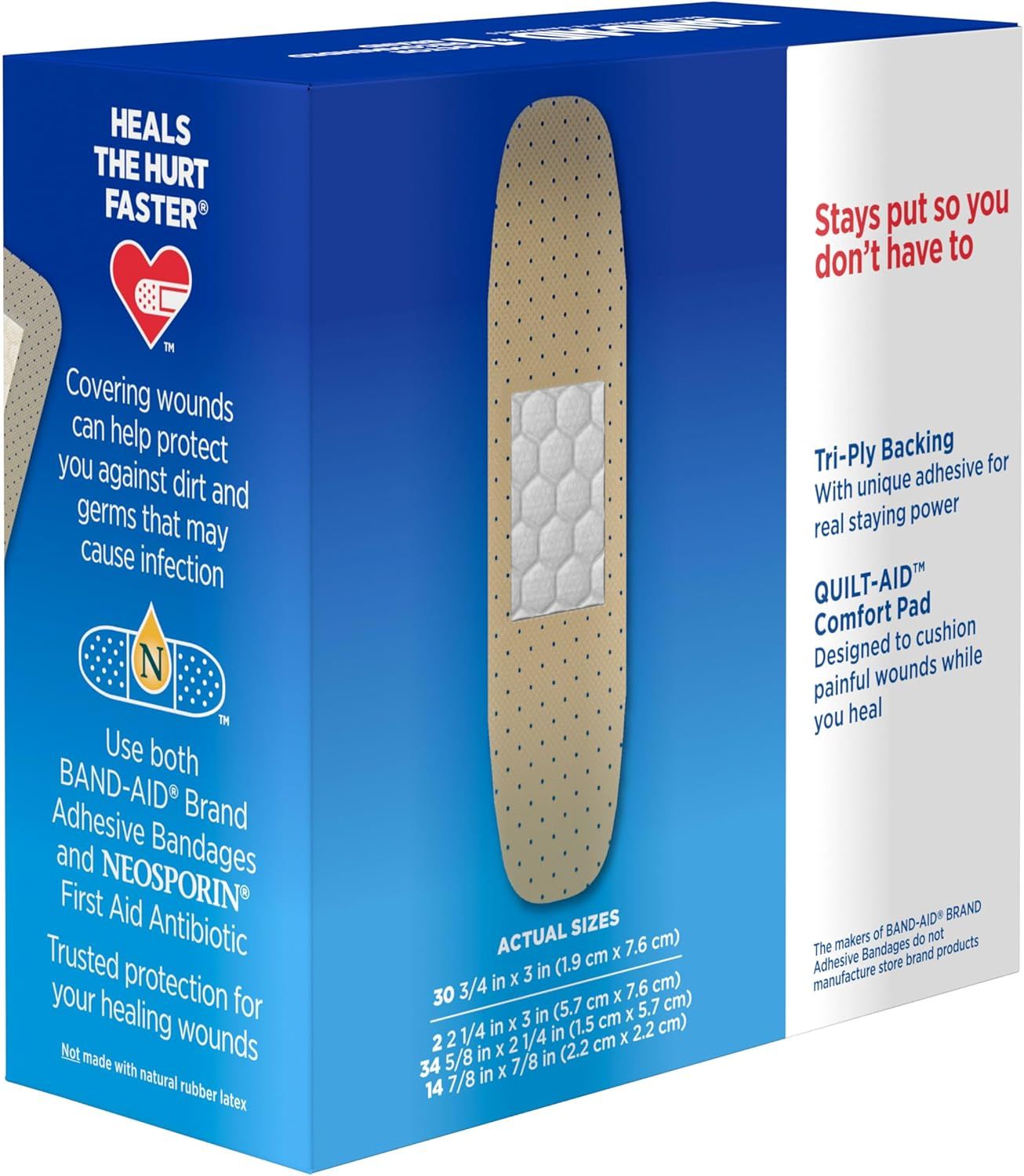 Highlights the physical construction of the bandage, showing the tri-ply backing and comfort pad layers to communicate superior adhesion and cushioning for…