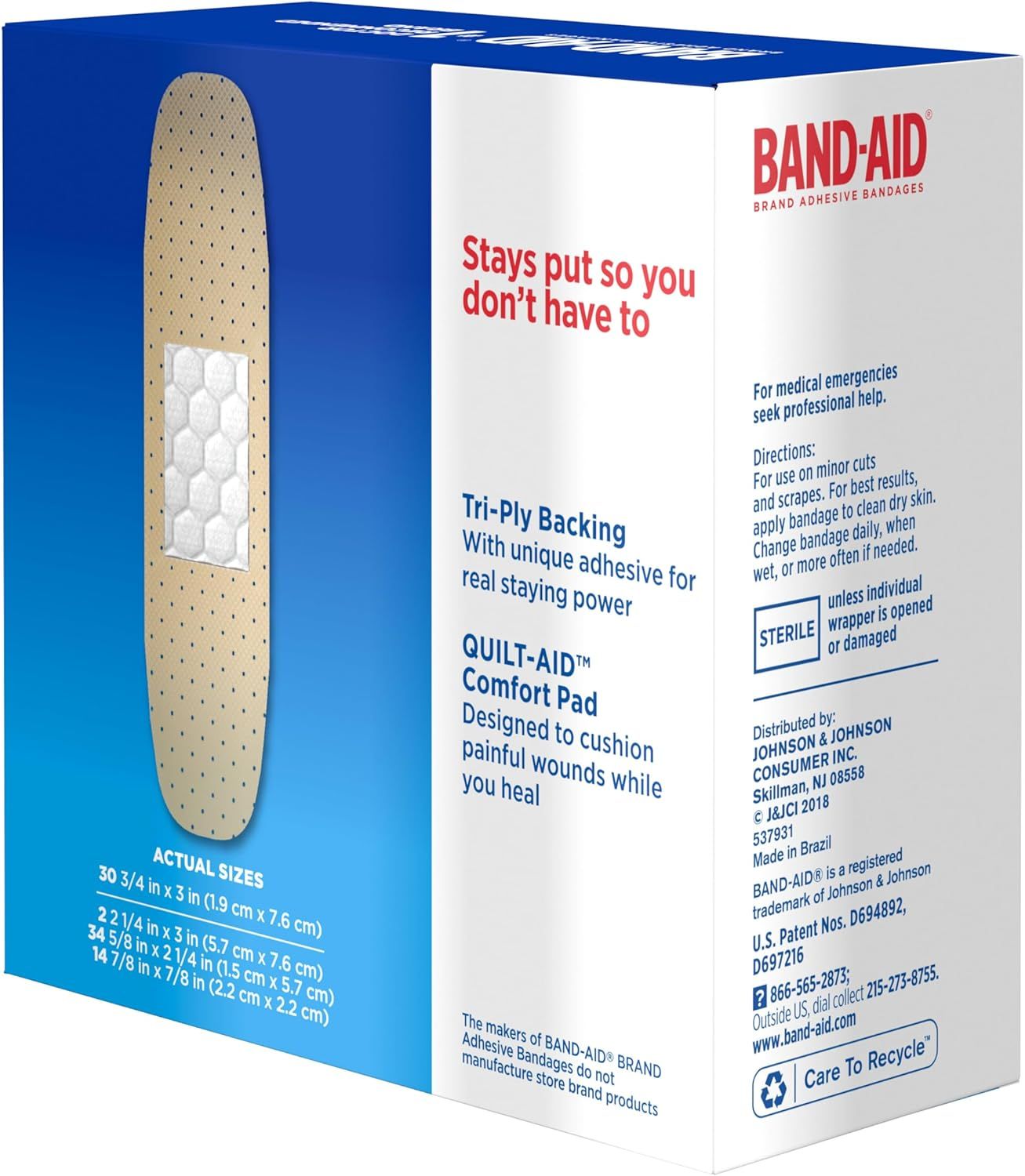 Communicates multiple distinct product benefits including adhesive staying power and cushioned comfort pad to reassure shoppers of the bandage's superior…