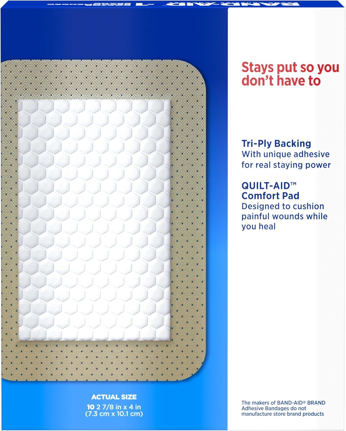 Communicates two distinct product benefits: the adhesive backing that keeps the bandage in place, and the cushioning comfort pad designed to protect painful…