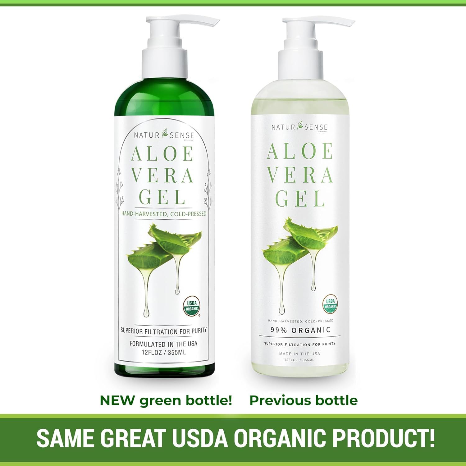 Informs shoppers that the brand has updated its packaging from a white bottle to a green bottle, while reassuring them that the product formulation remains the same USDA organic certified product…