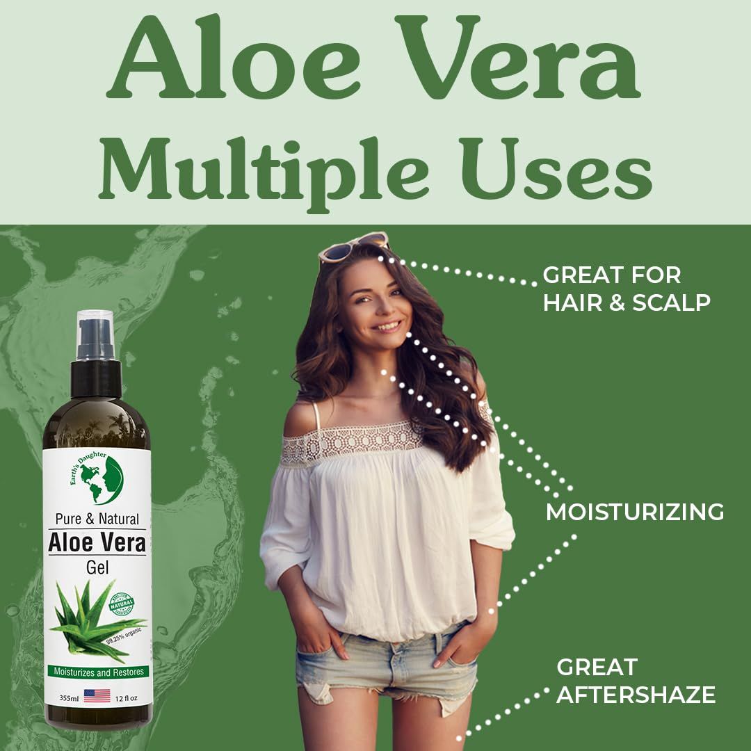 Demonstrates the versatility of the aloe vera gel by showing multiple use cases (hair/scalp, moisturizing, aftershave) to communicate that this is a multi-purpose product.