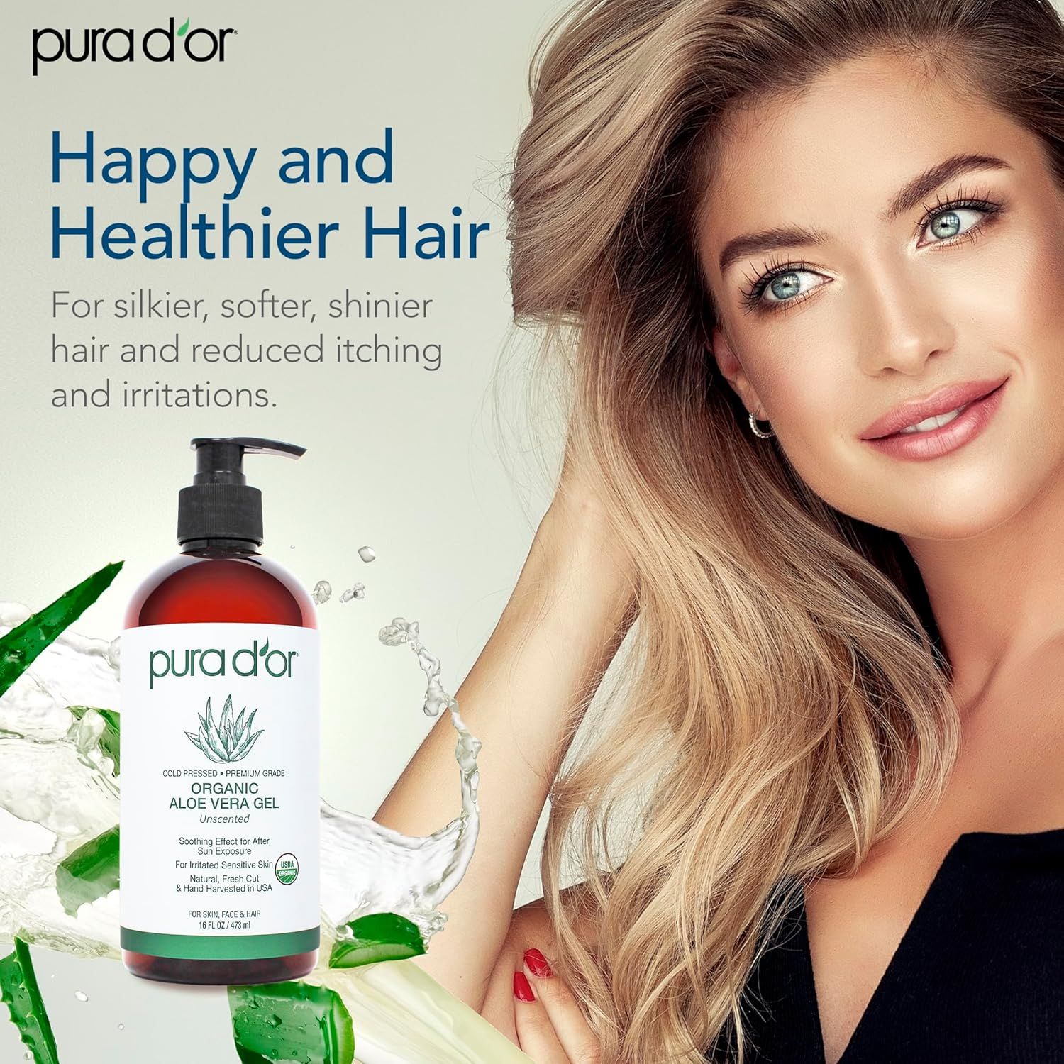 Communicates multiple hair health benefits (silkier, softer, shinier hair plus reduced itching and irritations) to show the comprehensive effectiveness of the organic aloe vera gel product.