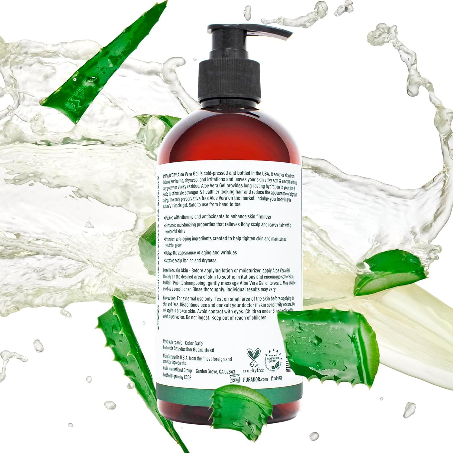Communicates multiple benefits of the Aloe Vera Gel including skin firmness, hydration, anti-aging, and scalp relief to reassure shoppers of the product's comprehensive skincare value.