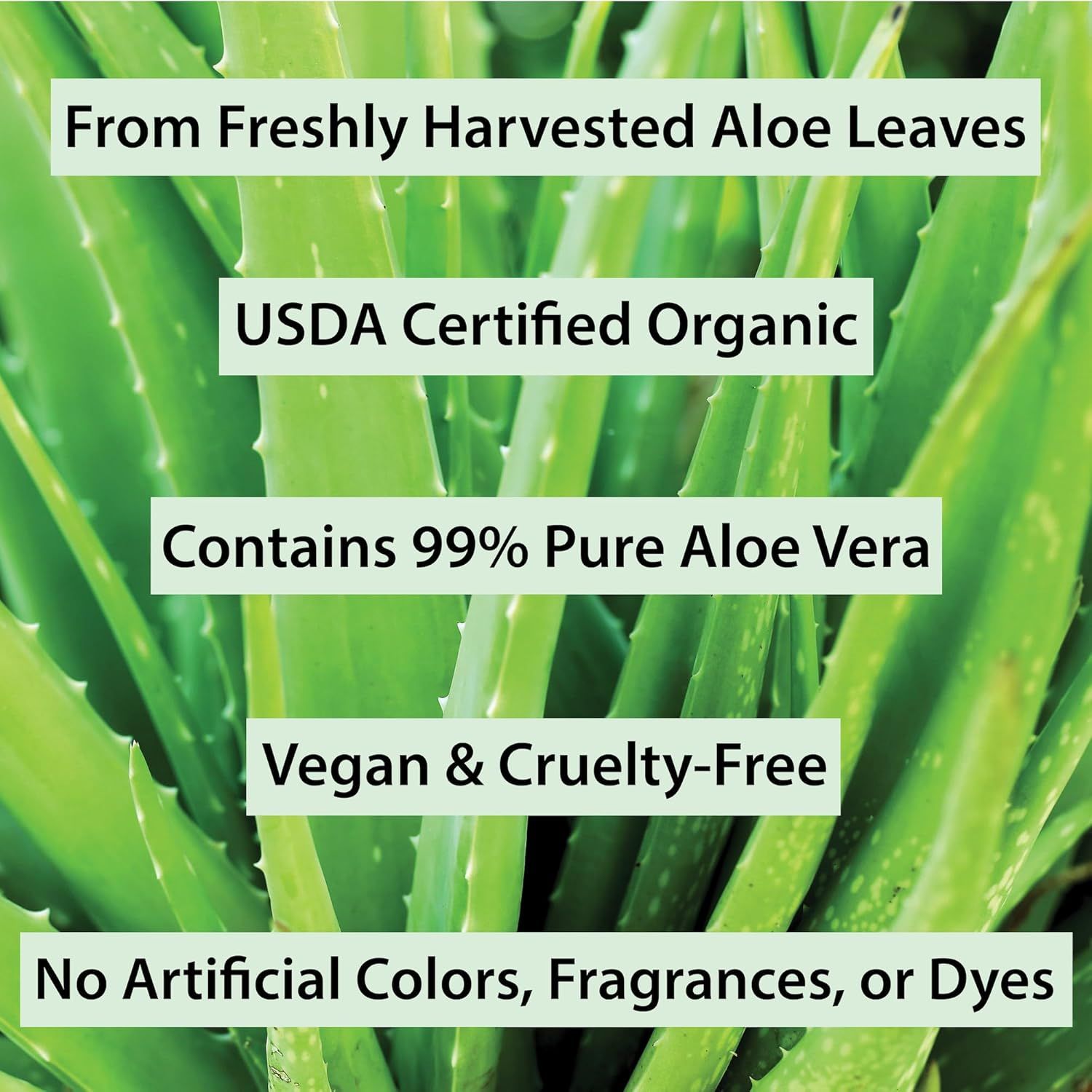 Communicates multiple quality and ethical benefits of the aloe vera product to reassure shoppers about its purity, organic certification, and clean formulation.