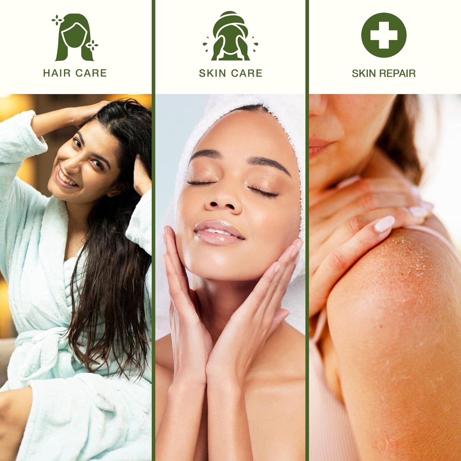Demonstrates the product's versatility across multiple beauty and personal care applications, showing it can be used for hair care, facial skin care, and skin repair/treatment.