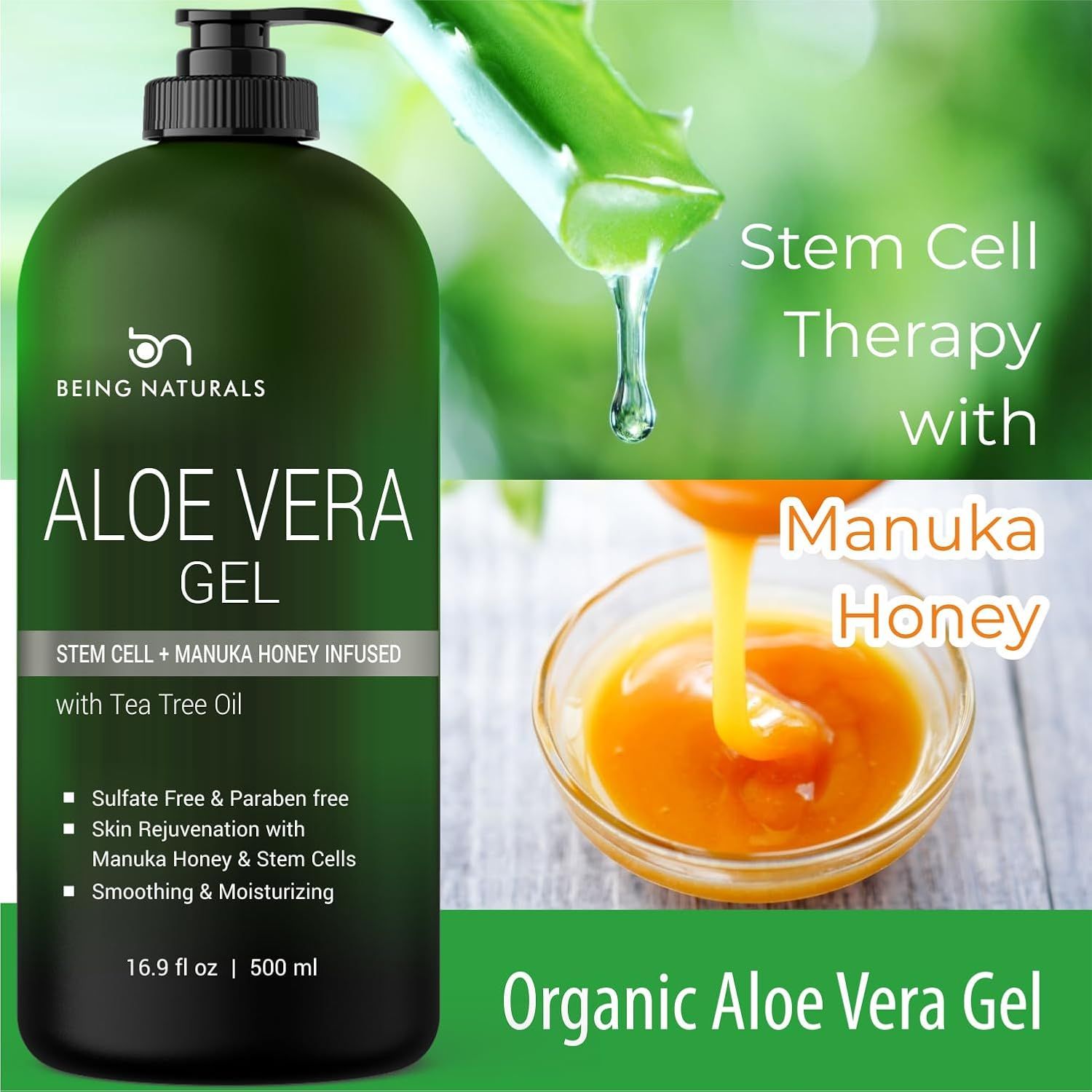 Communicates multiple distinct benefits of the aloe vera gel including stem cell therapy, manuka honey infusion, chemical-free formulation, skin rejuvenation, and moisturizing properties to convince…
