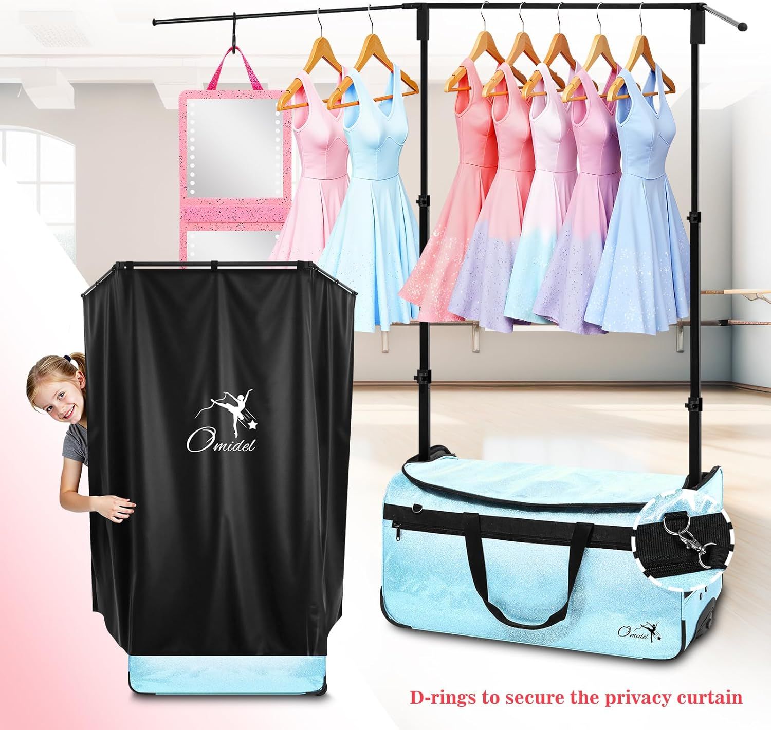 Highlights the privacy curtain feature with D-ring attachment system, reassuring customers that the portable garment rack provides privacy for changing in dance studios or performance venues.