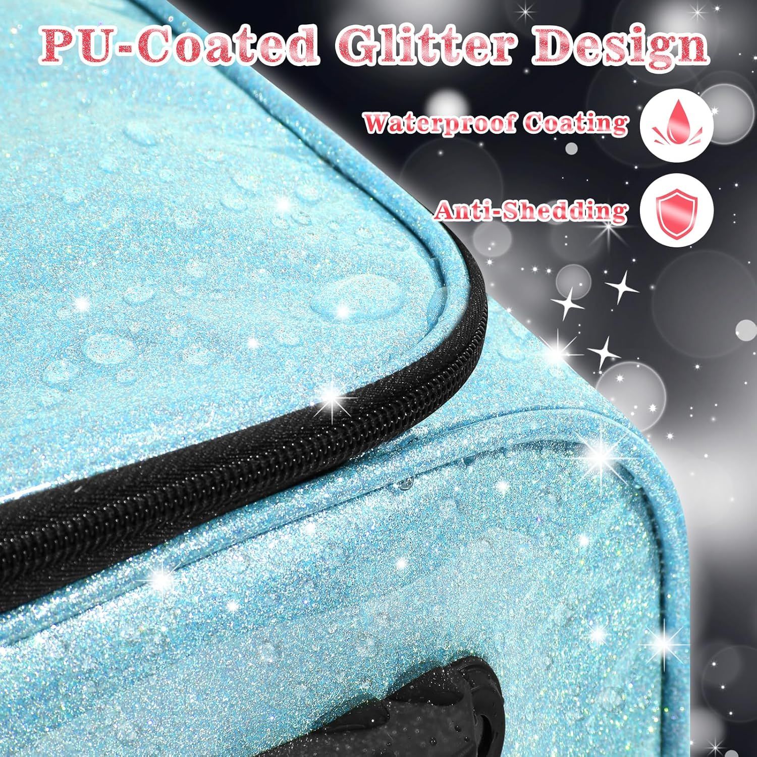 Highlights multiple key benefits of the product's material design—its decorative glitter finish, waterproof protection, and anti-shedding properties—to reassure shoppers of quality and functionality.
