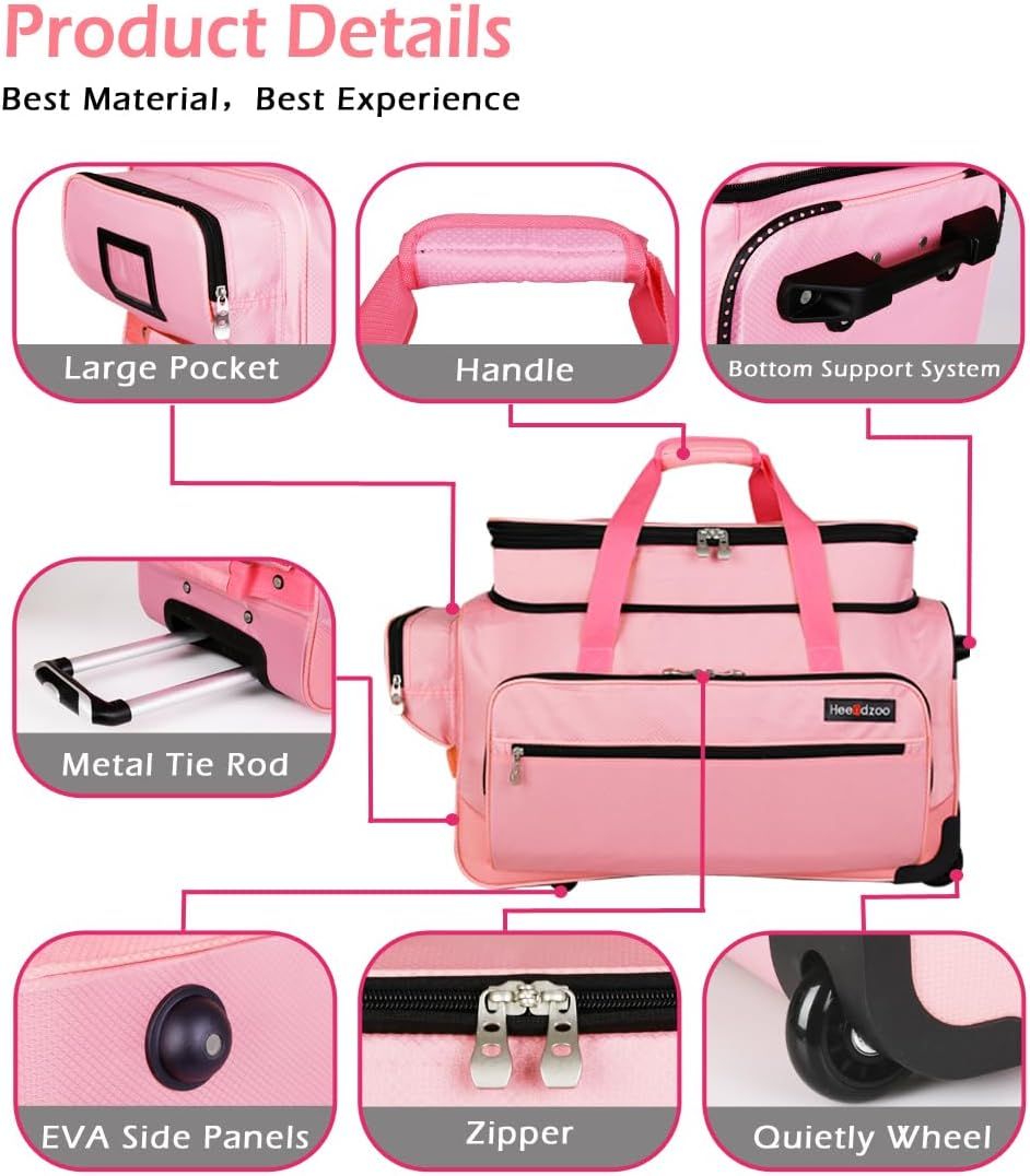 This image breaks down the physical components and structural features of the rolling bag to help shoppers understand the product's construction quality and functional design elements.