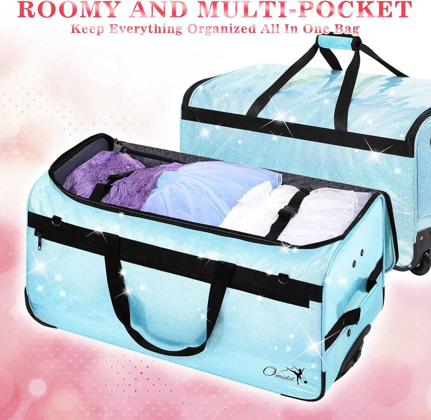 Communicates the bag's spacious interior and multiple compartments to reassure shoppers that they can keep all their belongings organized in one convenient bag.