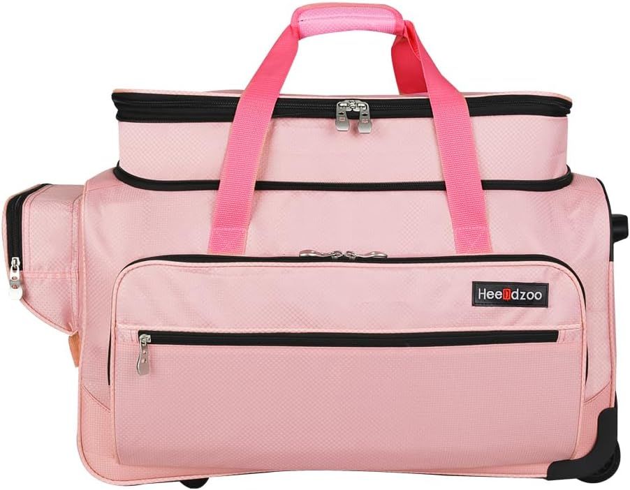 Provides a clean, catalog-style view of the pink rolling duffel bag to show its design, color, compartments, and overall appearance without distractions.