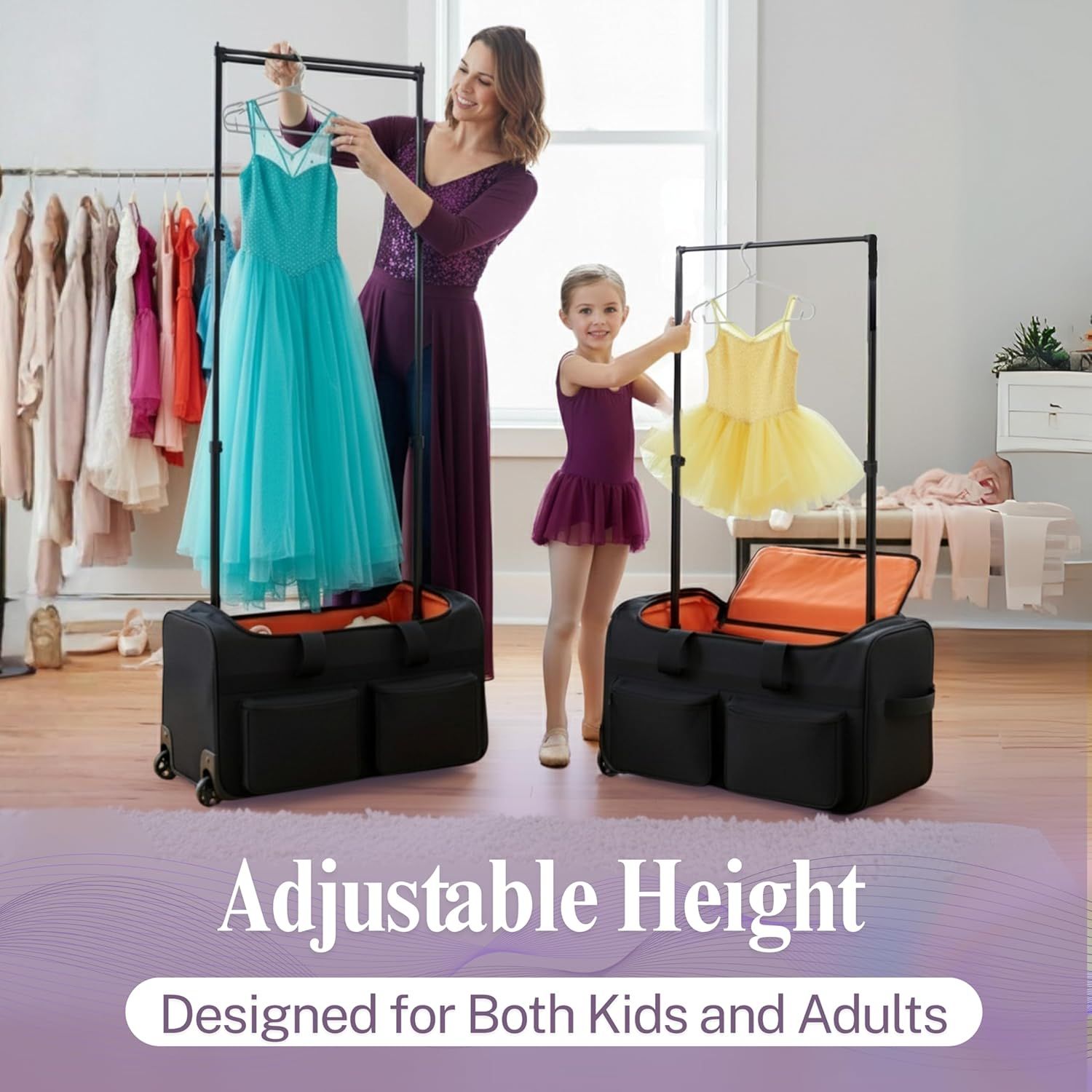 Communicates that the product features adjustable height functionality, making it suitable for both children and adults to use comfortably.