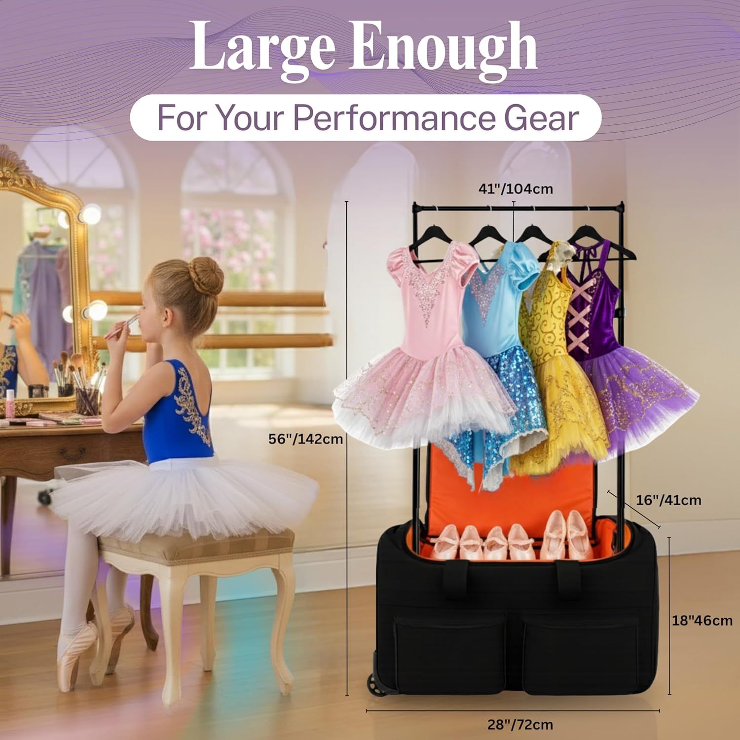 Communicates the physical dimensions of the storage rack to reassure shoppers that it is large enough to accommodate their child's dance costumes, tutus, and performance gear.