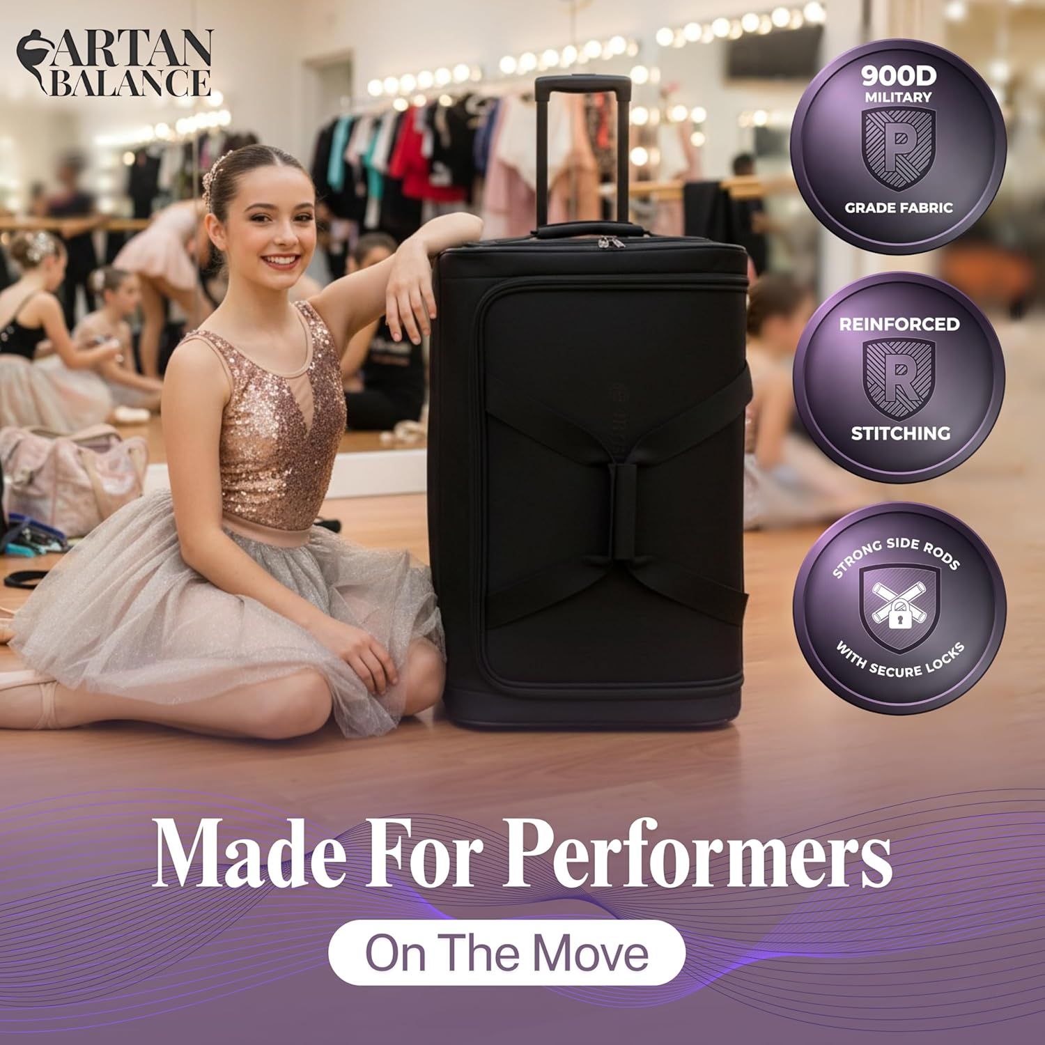 Communicates multiple durability and security features of the luggage to reassure performers that it can withstand travel demands and protect their belongings. Demonstrates the luggage's suitability…