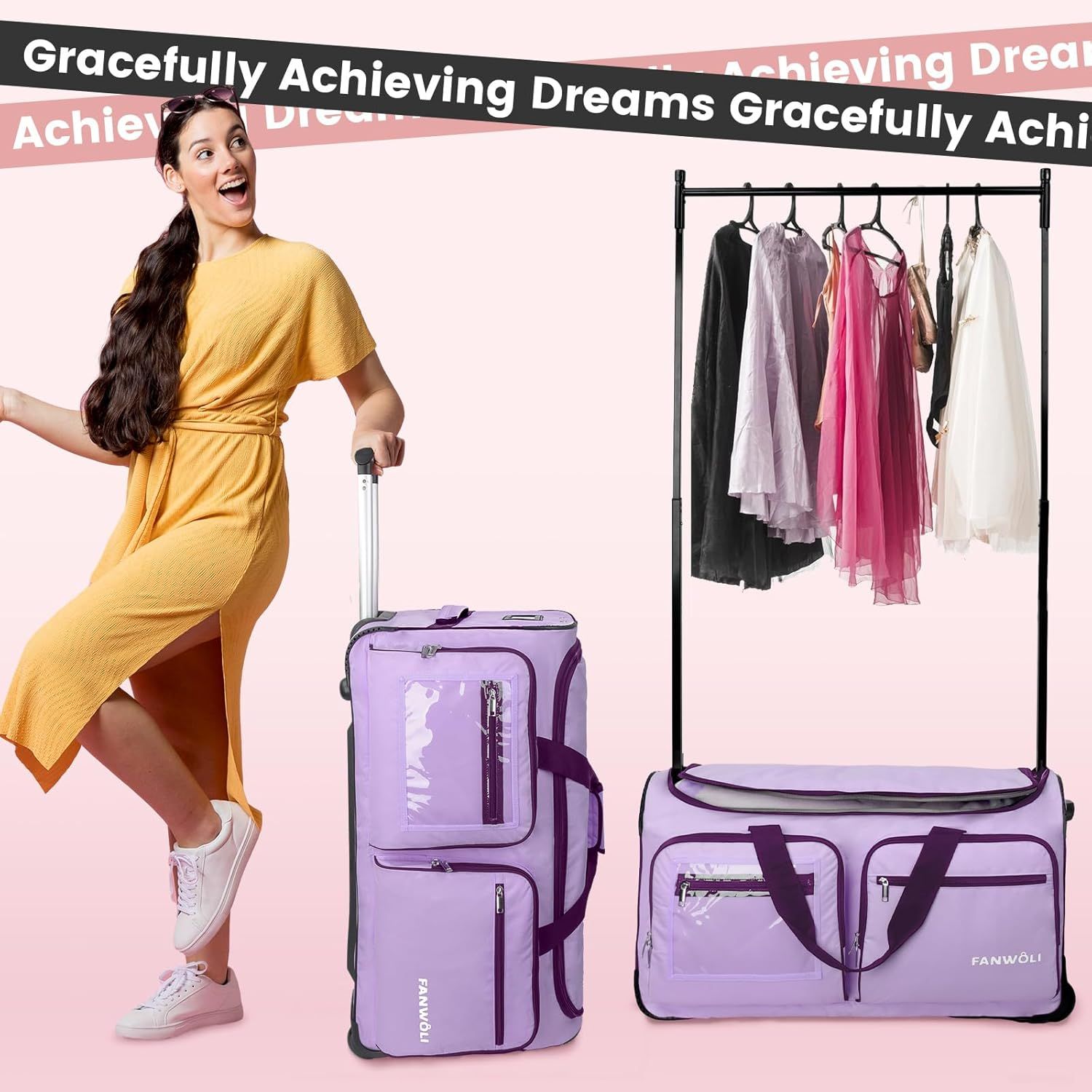 Demonstrates the product in a real-world travel context, showing how the luggage and garment rack work together to keep clothes organized while traveling.