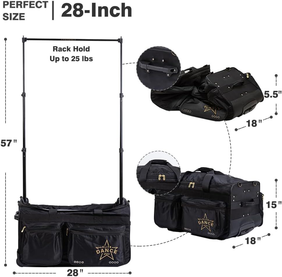 Communicates the exact physical dimensions of the dance bag (28-inch width, 57-inch rack height, 18-inch depth, etc.) and the rack's 25 lb weight capacity to help shoppers understand the product's…