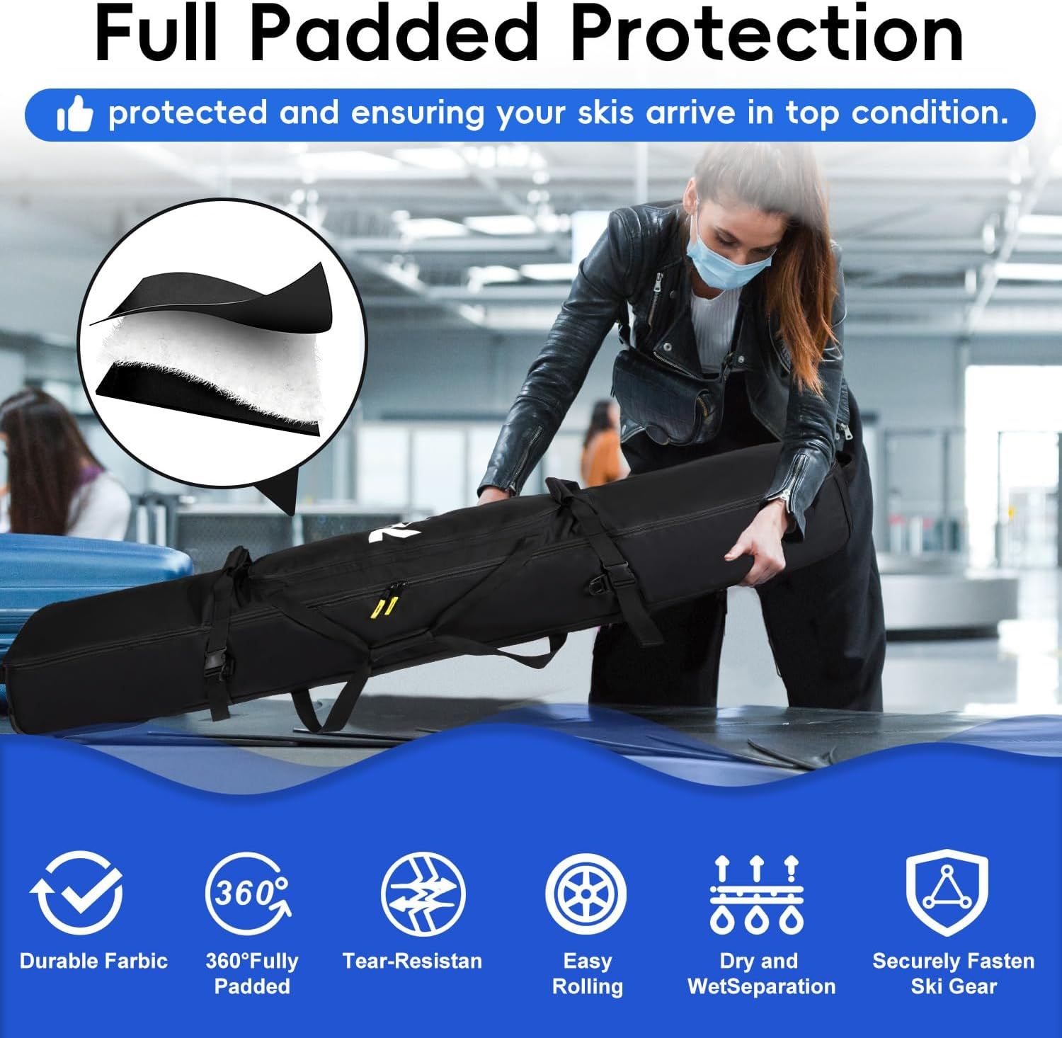 Communicates multiple protective and functional benefits of the ski bag to reassure shoppers that their equipment will be safe and the bag is easy to use…