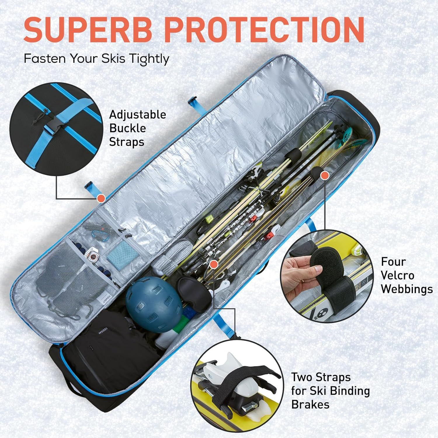 This image breaks down the ski bag's protective features by highlighting specific physical components with callout circles and labels, showing shoppers how…