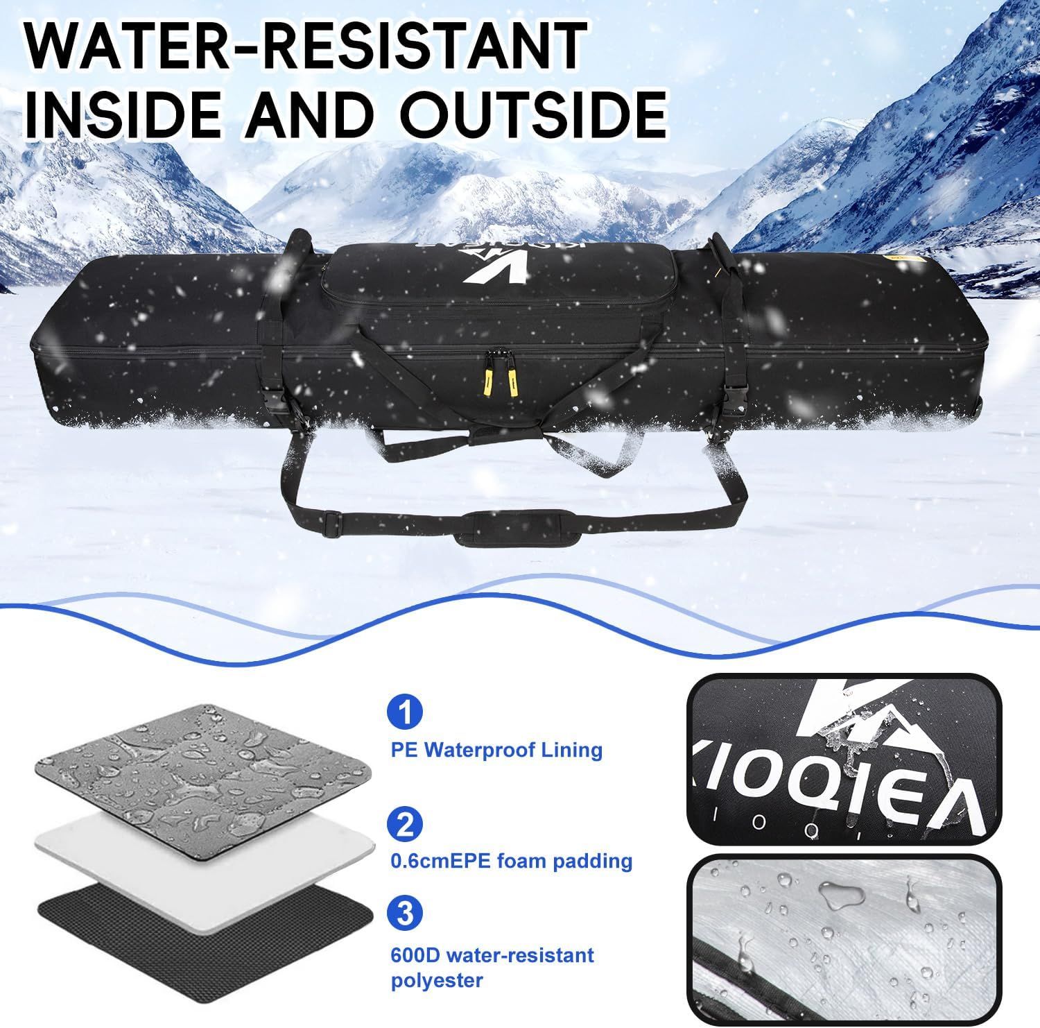 Breaks down the product's layered construction to show how the bag protects contents from water both inside and outside, reassuring shoppers of its durability…