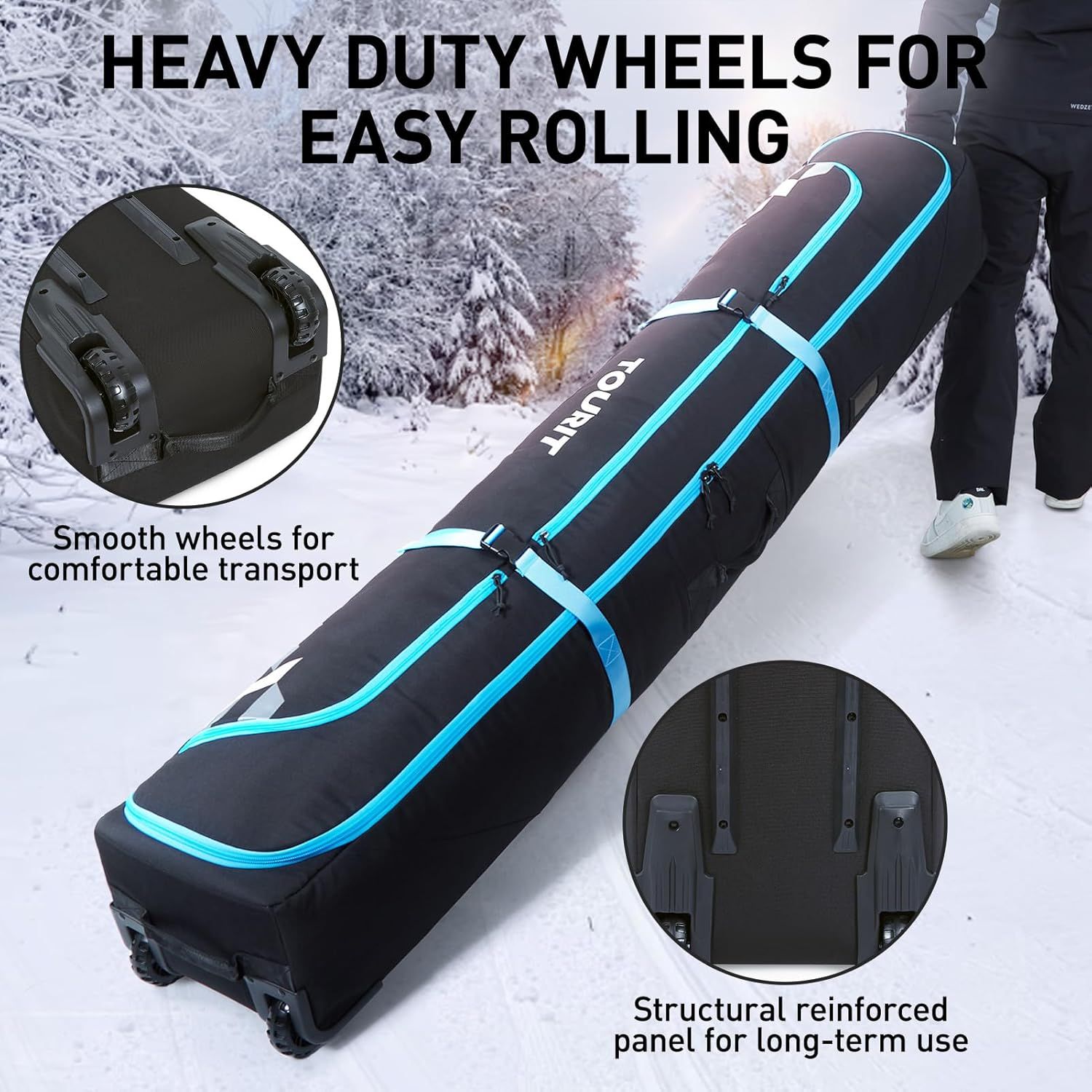 Highlights the key structural components of the snowboard bag—heavy duty wheels for easy rolling and a reinforced panel for durability—to reassure shoppers…