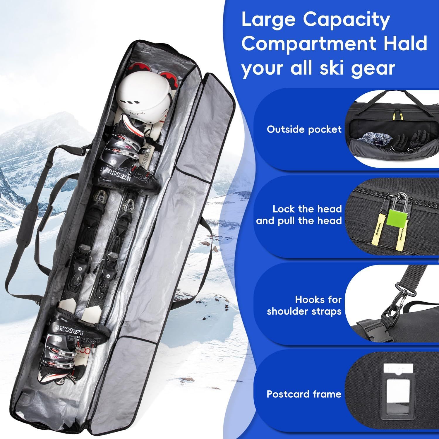 Showcases multiple distinct features of the ski gear bag in a segmented layout to communicate its versatility, storage capacity, security, and convenience for…