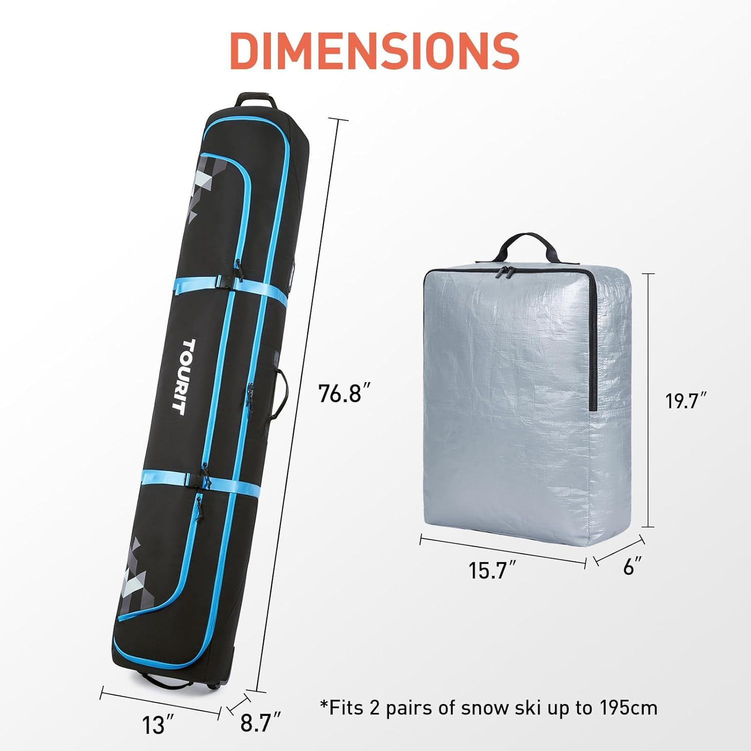 Communicates the exact physical dimensions of both the ski bag and storage bag, and reassures shoppers about capacity by stating it fits 2 pairs of snow skis…