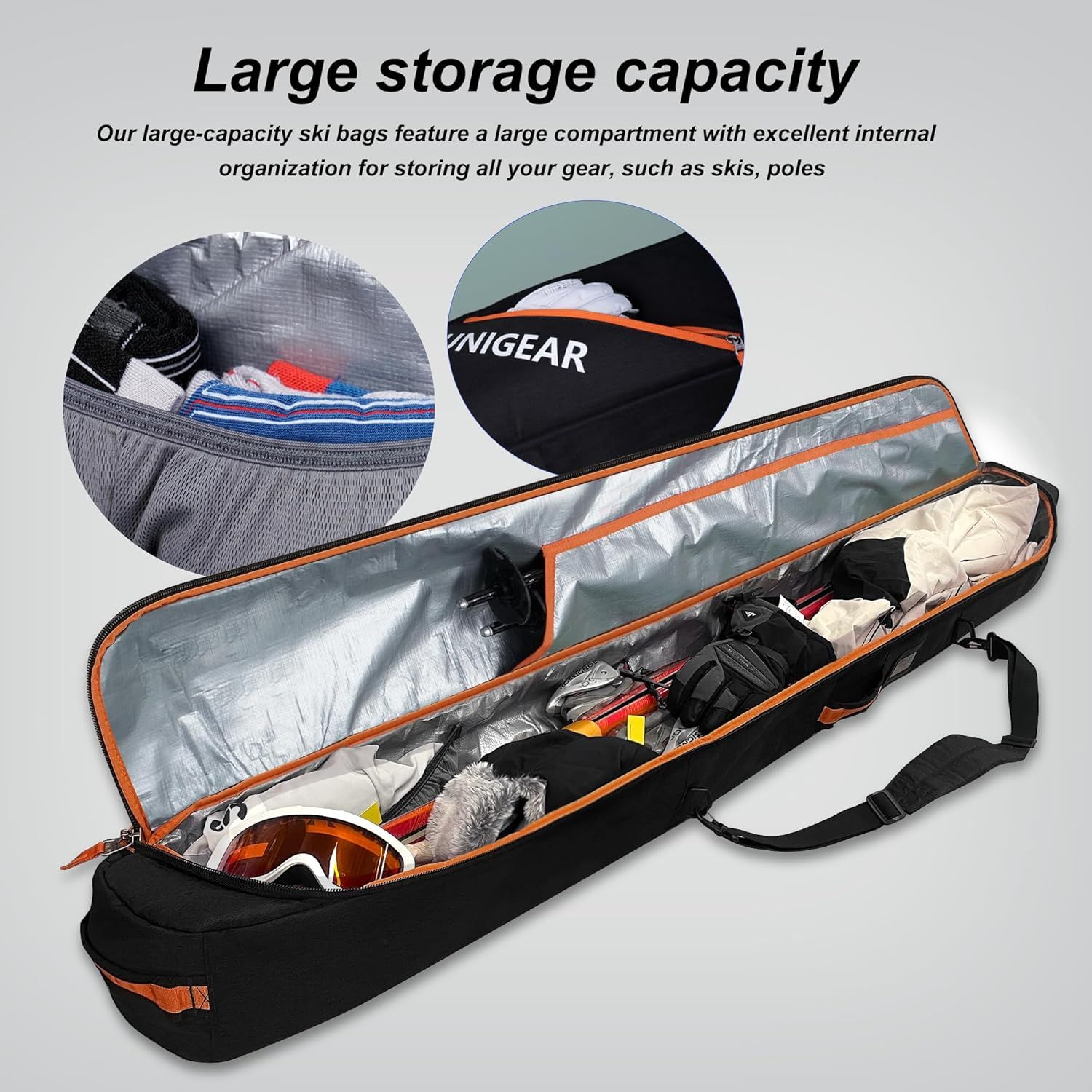 Communicates the ski bag's spacious storage capacity and excellent internal organization, reassuring shoppers they can fit all their ski gear in one…