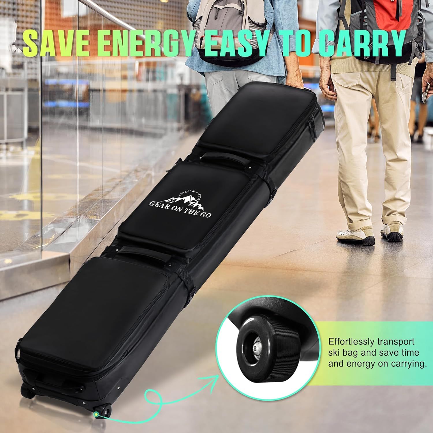 Highlights the wheeled feature of the ski bag with a zoomed-in callout to show shoppers how the product enables easy transport and saves energy when carrying.…