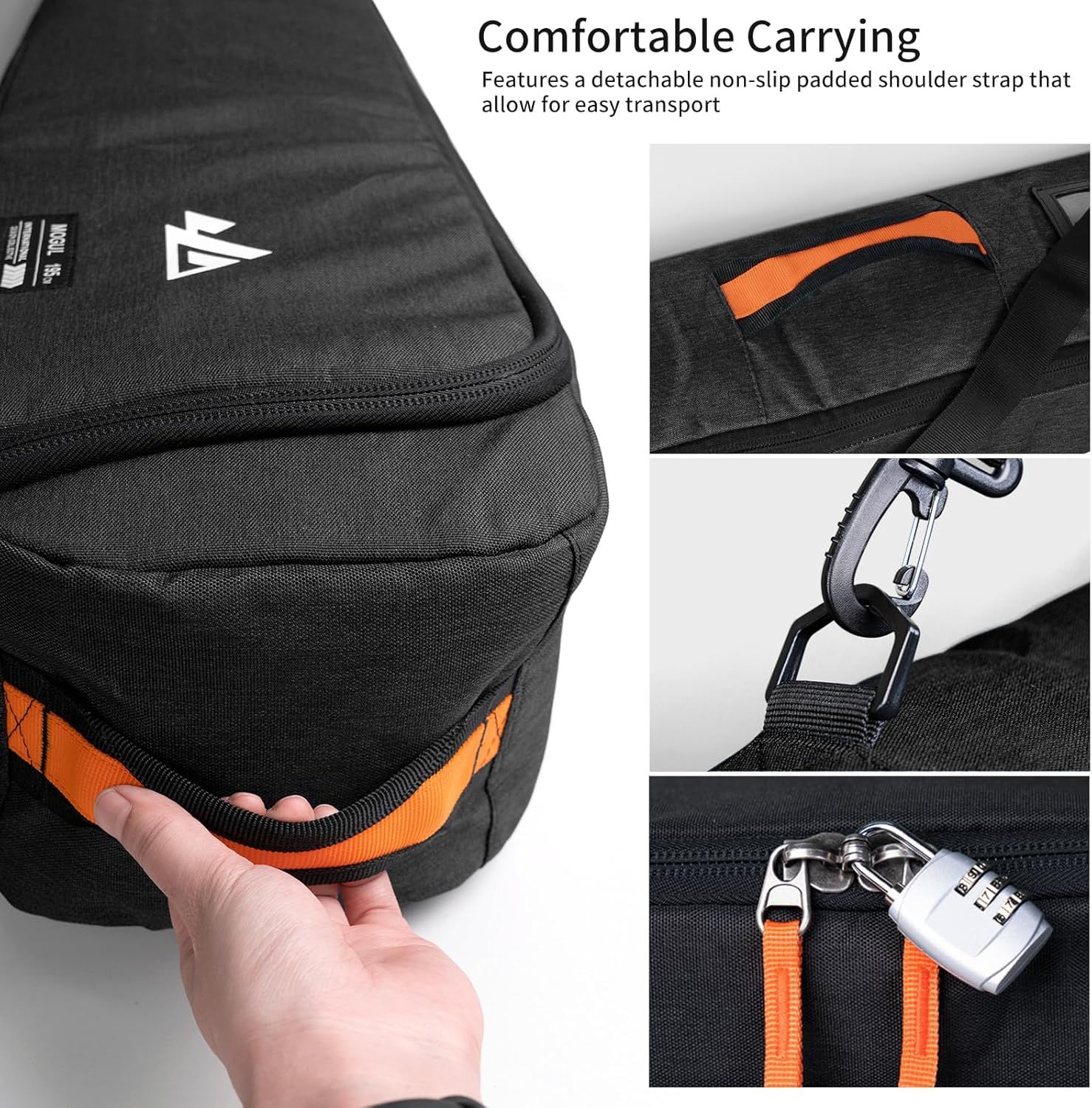 This image breaks down the carrying features of the bag by highlighting specific physical components—the padded shoulder strap, attachment clips, and lock…
