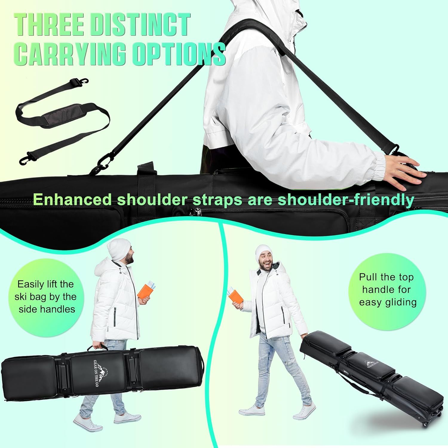 Demonstrates three distinct ways to carry the ski bag (shoulder strap, side handles, and wheeled rolling) to show versatility and convenience for different…