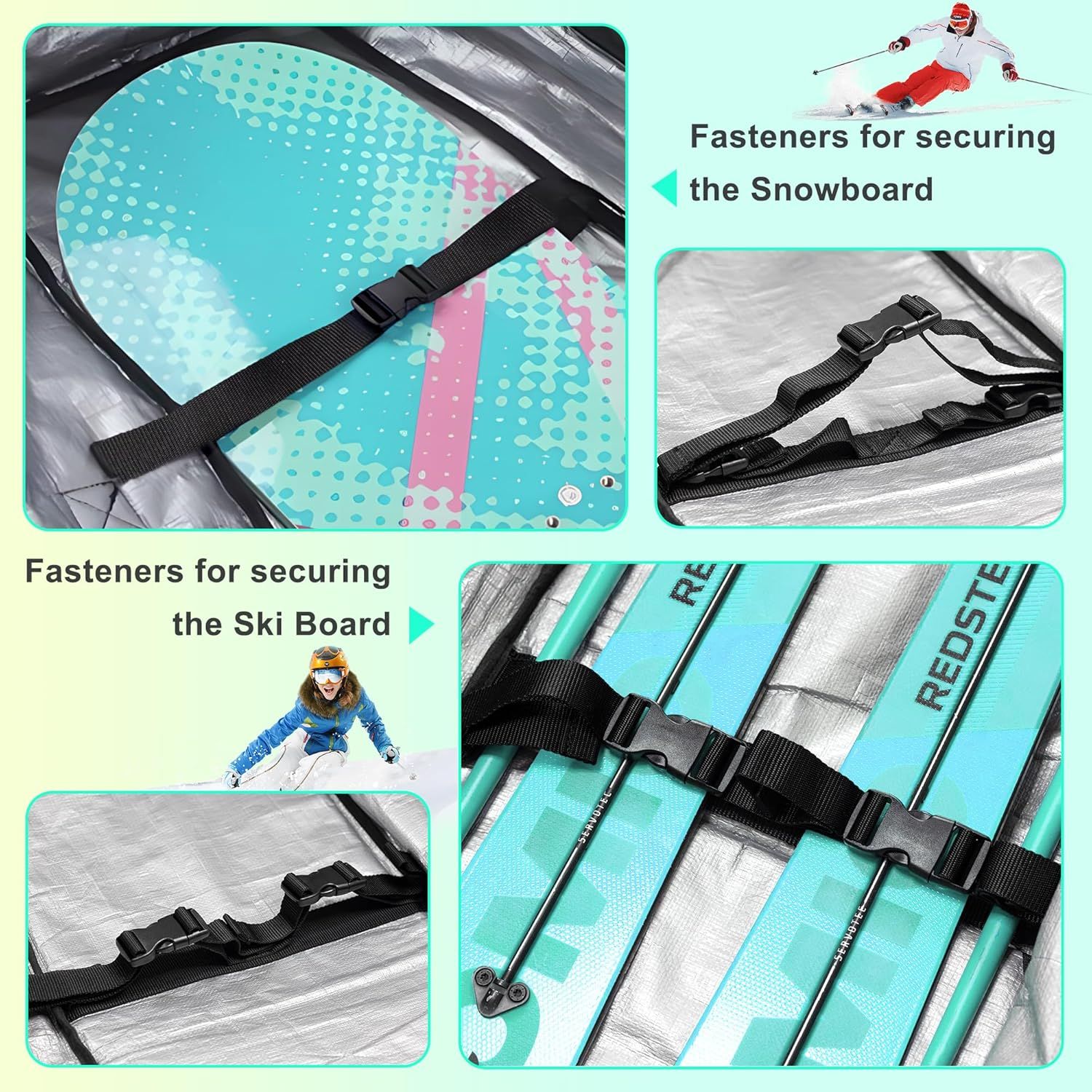 Demonstrates the multiple use cases of the fastener straps by showing how they can secure both snowboards and ski boards, reassuring shoppers of the product's…