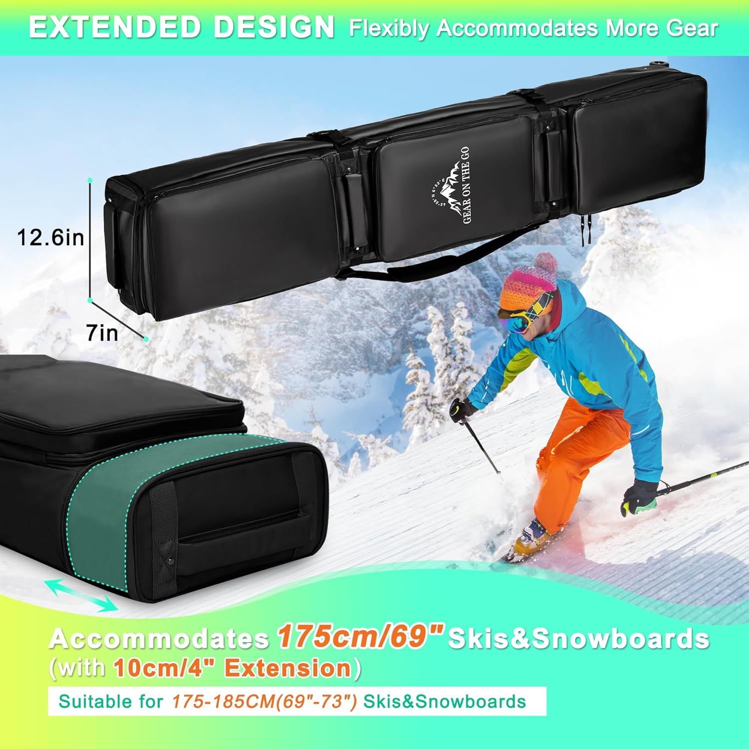 Communicates the physical dimensions of the ski/snowboard bag (12.6in x 7in) and its capacity to accommodate 175-185cm (69-73 inch) skis and snowboards with a…