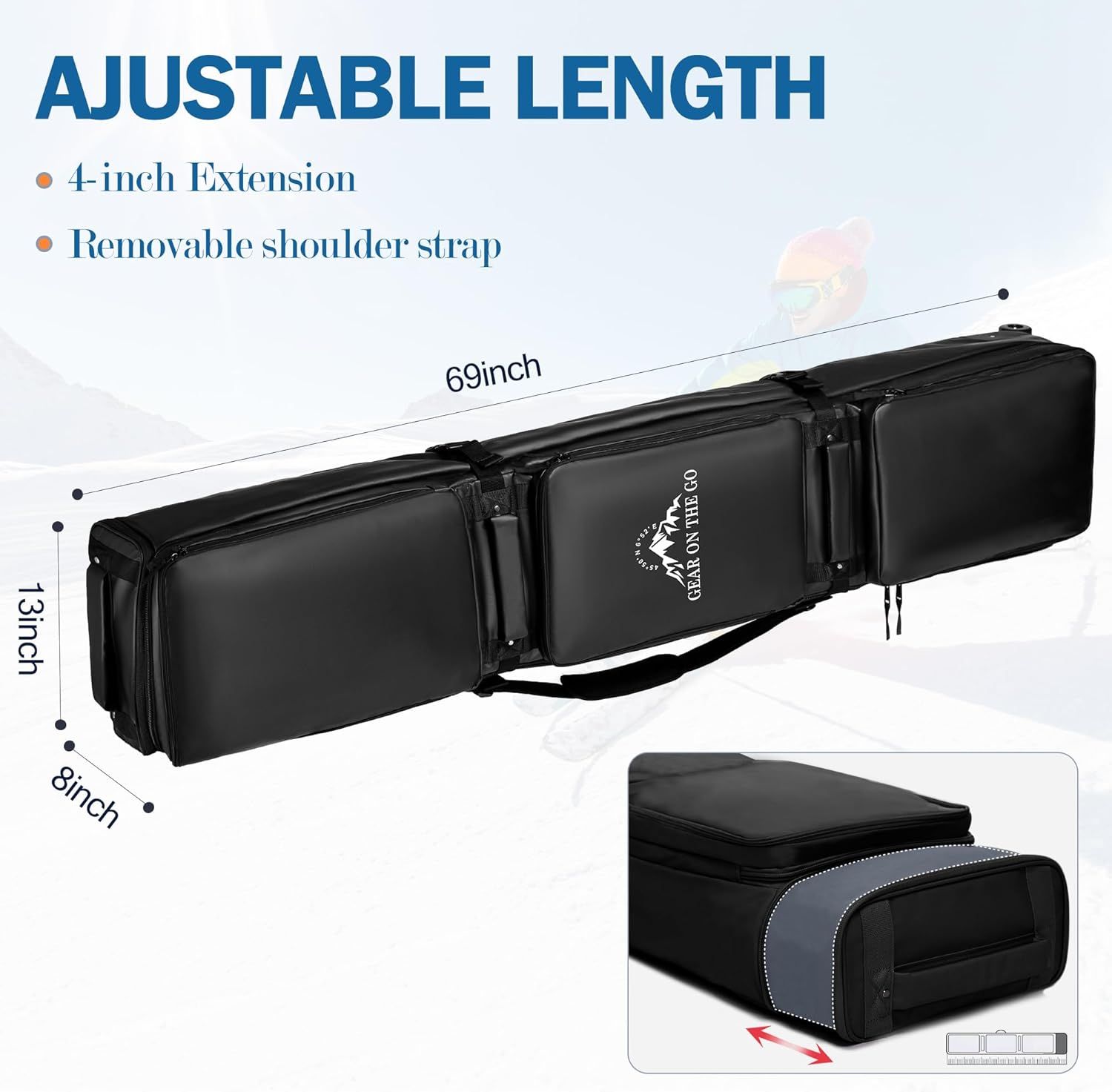 Communicates the physical dimensions of the product (69 inches length, 13 inches height, 8 inches width) and highlights the adjustable length feature with…