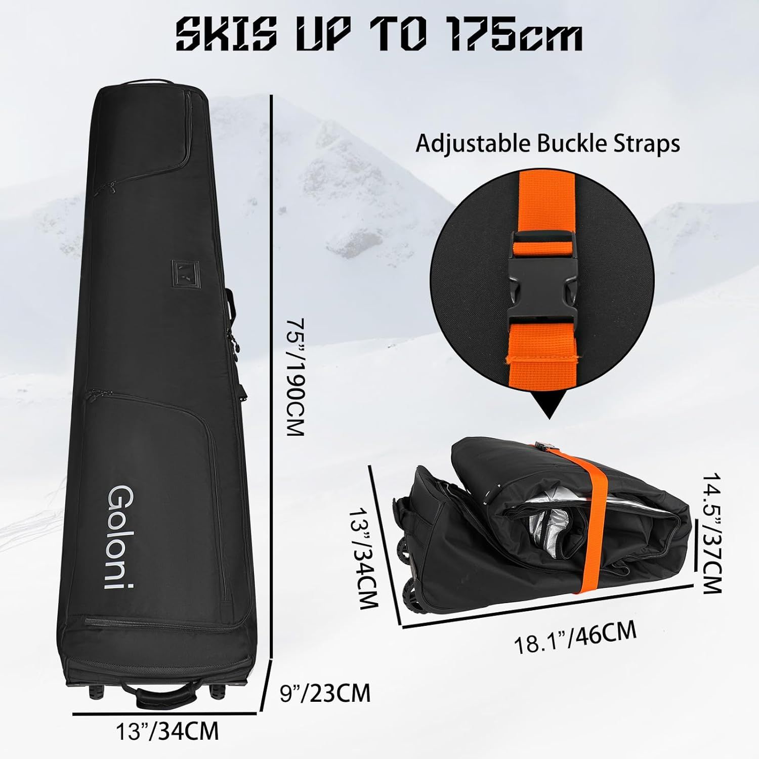 Communicates the exact physical dimensions of the ski bag (height, width, depth) and its capacity to fit skis up to 175cm, helping shoppers determine if it…