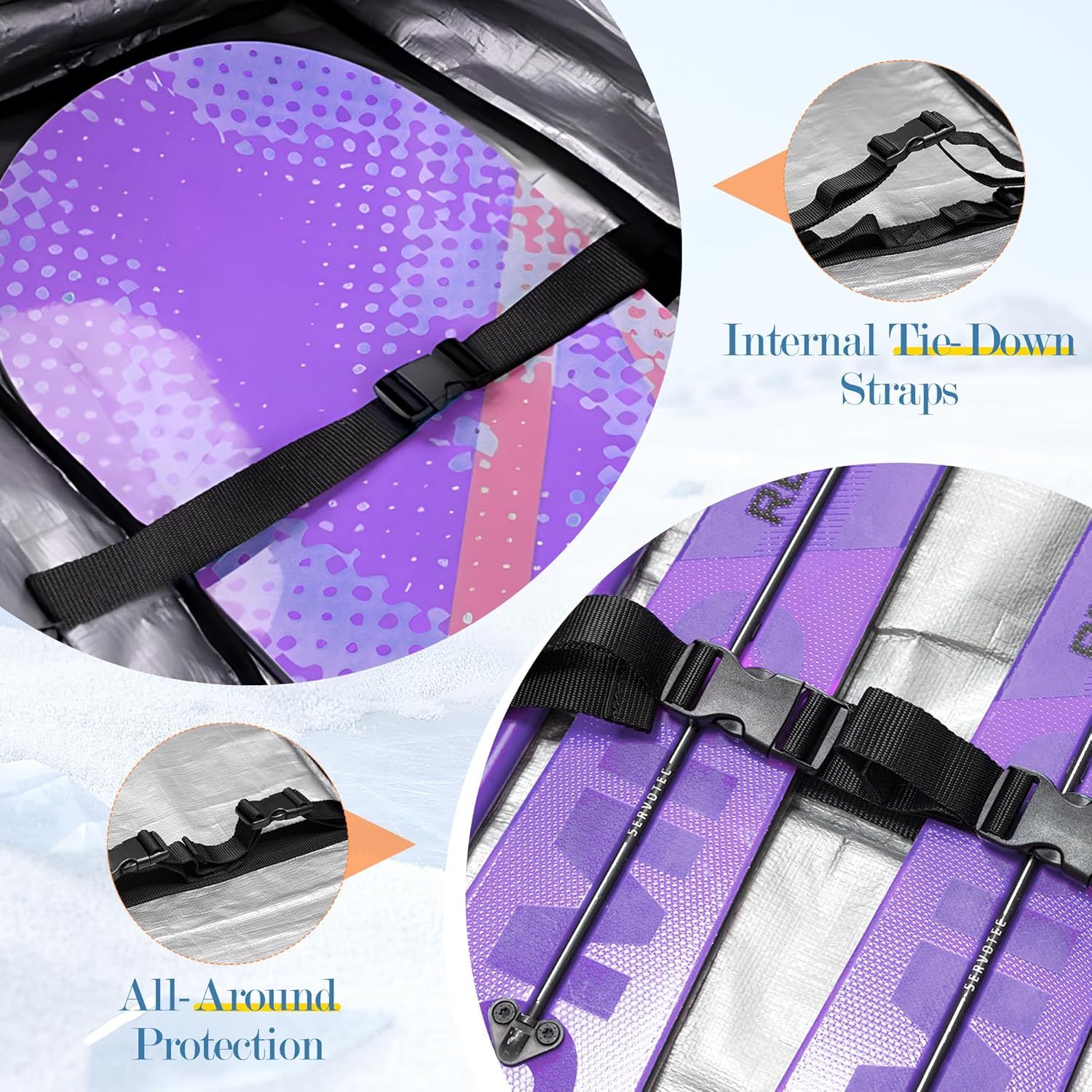 Highlights the internal tie-down strap system and protective construction to reassure shoppers that the product securely holds contents and provides…