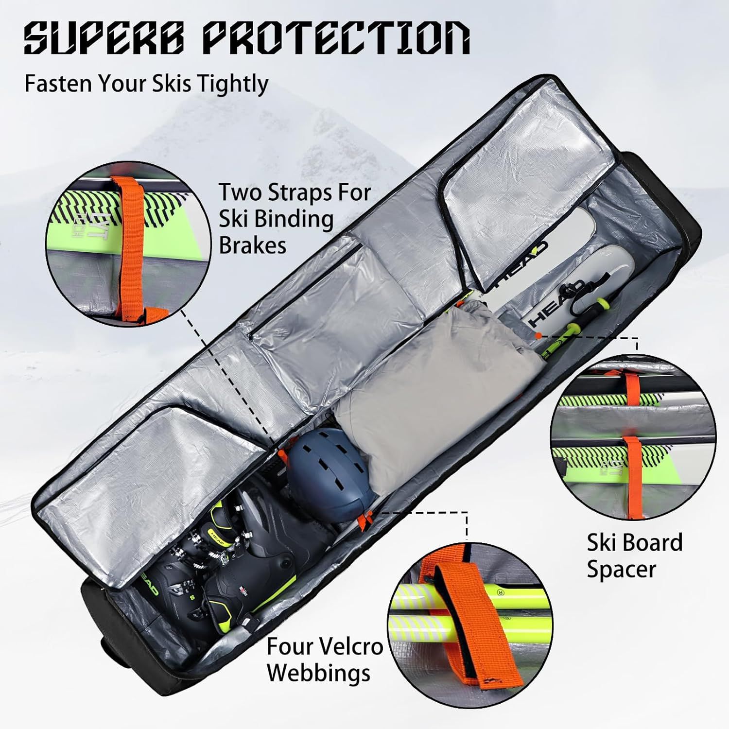 Breaks down the physical components and structural features of the ski bag to help shoppers understand how the product is designed and what parts provide…