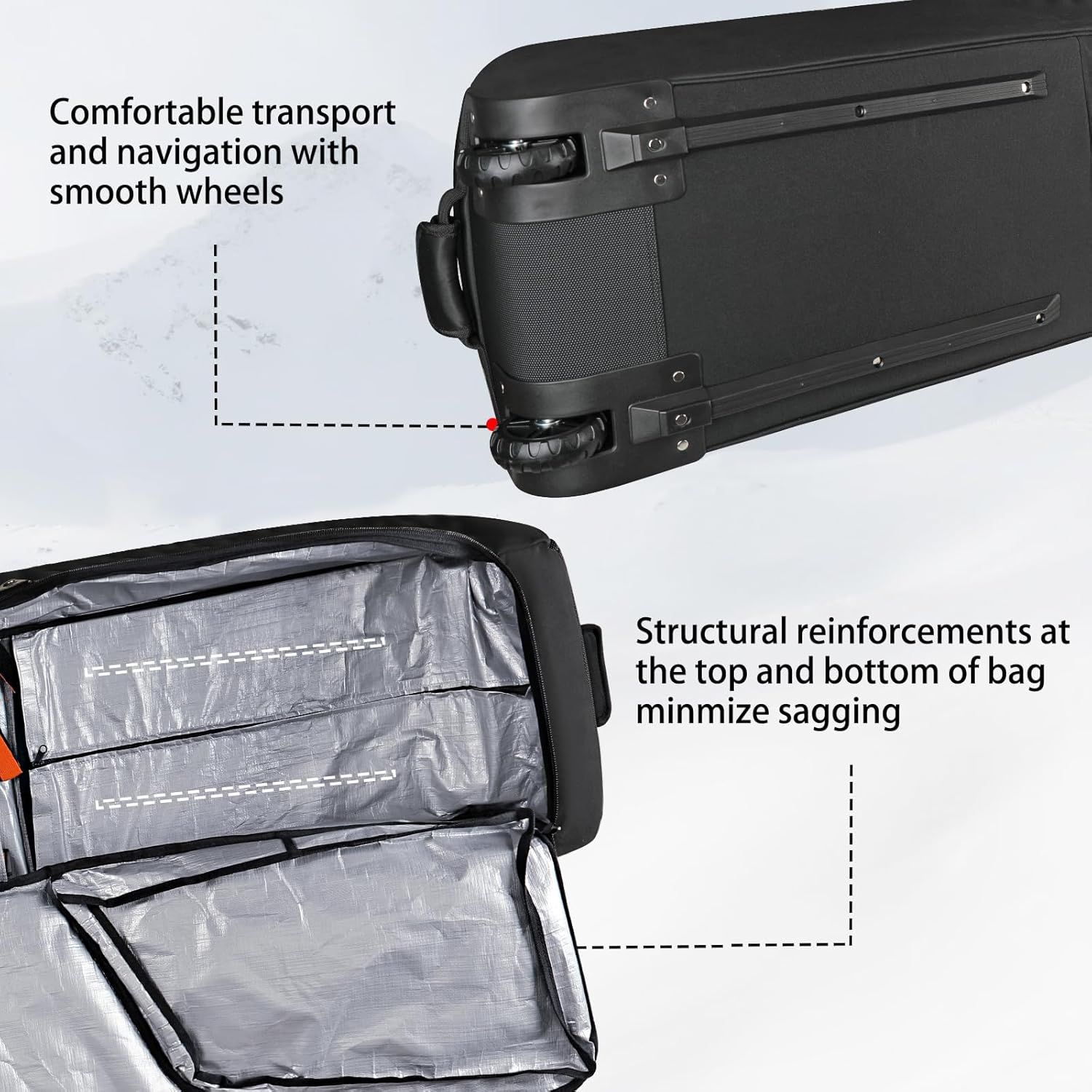 Highlights specific physical components of the luggage — the smooth wheels for easy transport and the structural reinforcements that prevent sagging — to help…