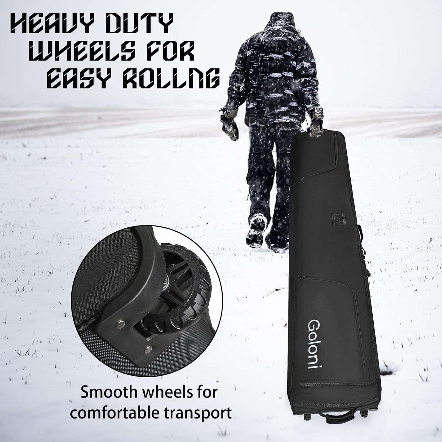 Highlights the heavy-duty wheel mechanism with a zoomed-in callout to show the physical component that enables easy rolling and comfortable transport.…