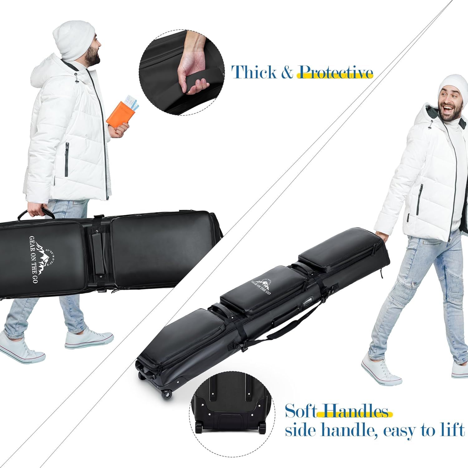 Highlights multiple distinct benefits of the ski bag: protective thick material and ergonomic handle design for comfortable transport.