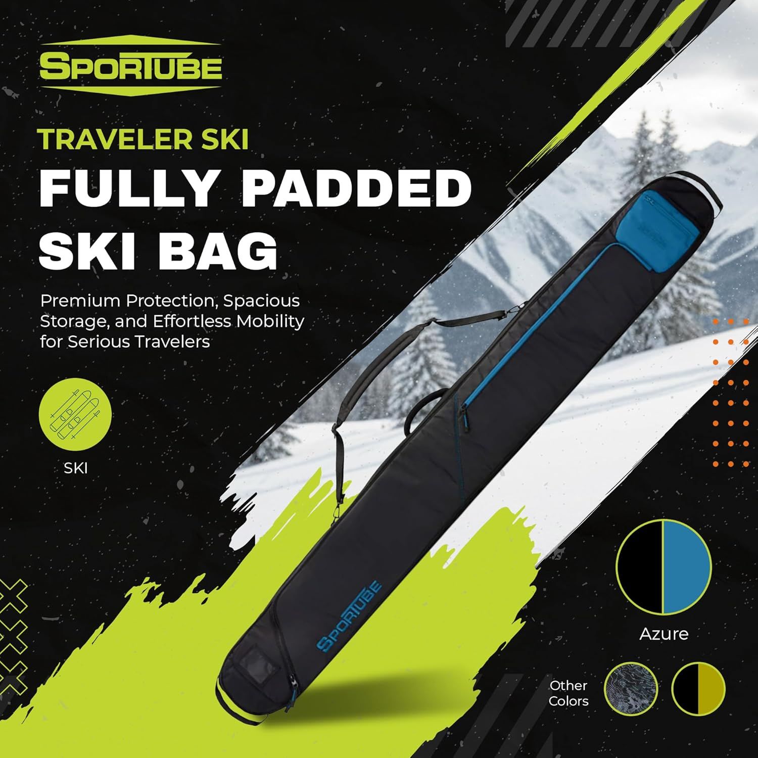Communicates multiple key benefits of the ski bag including premium padding for protection, spacious storage capacity, easy portability, and available color…