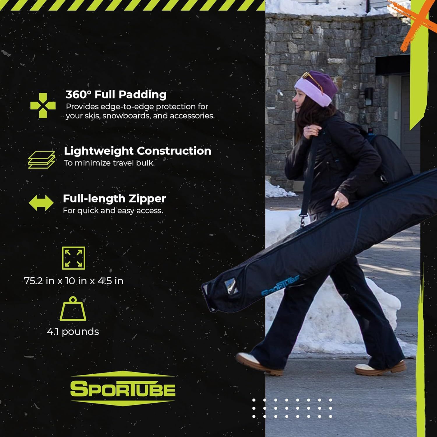 Communicates multiple key benefits of the ski/snowboard bag including protective padding, lightweight portability, and easy access, reassuring shoppers of its…