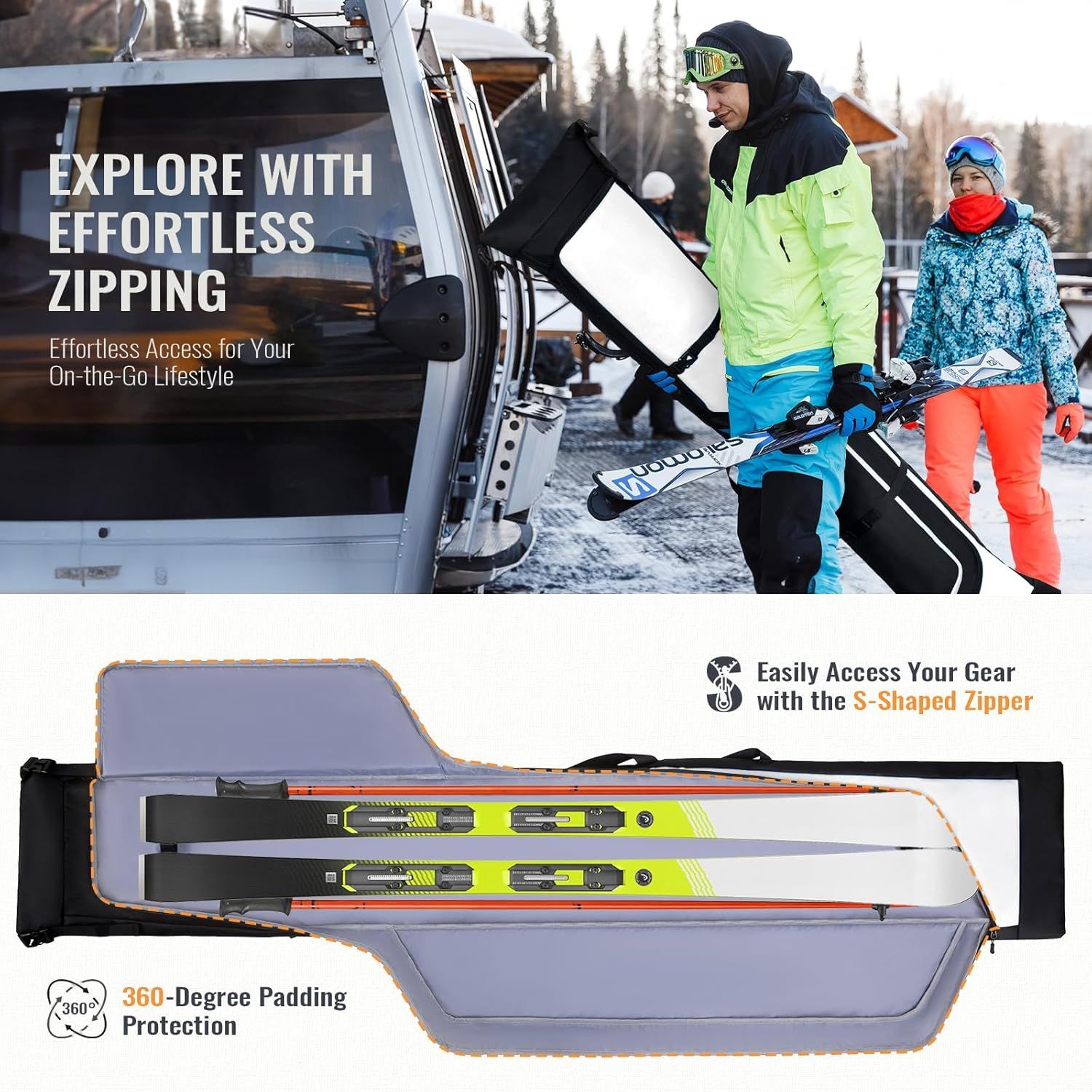 Communicates multiple distinct benefits of the ski bag: easy access via effortless zipping, convenient S-shaped zipper design, and comprehensive 360-degree…